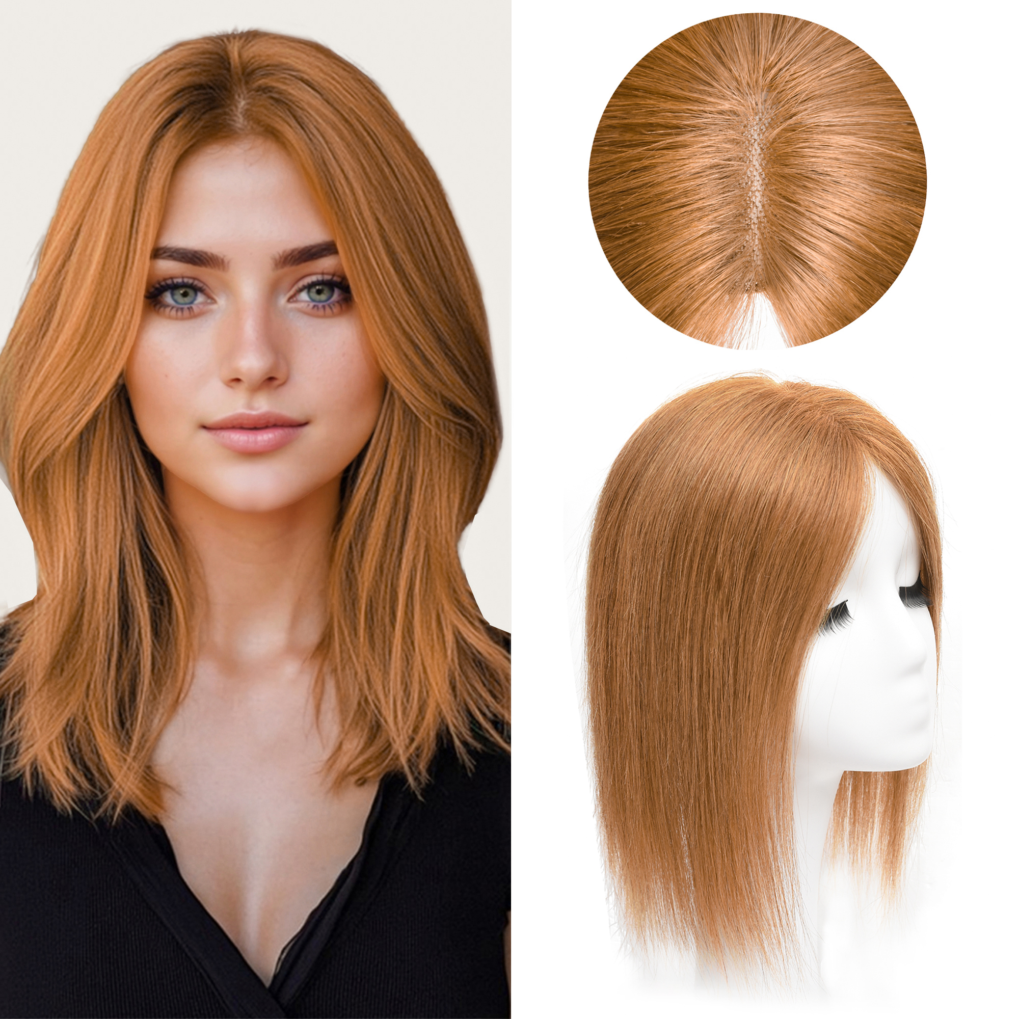 Meiverah Real Human Hair Swiss Mono Base Hand-tied Topper NO Bangs-Clip-In Thick Hairpiece for Women  (#30 Copper Red)