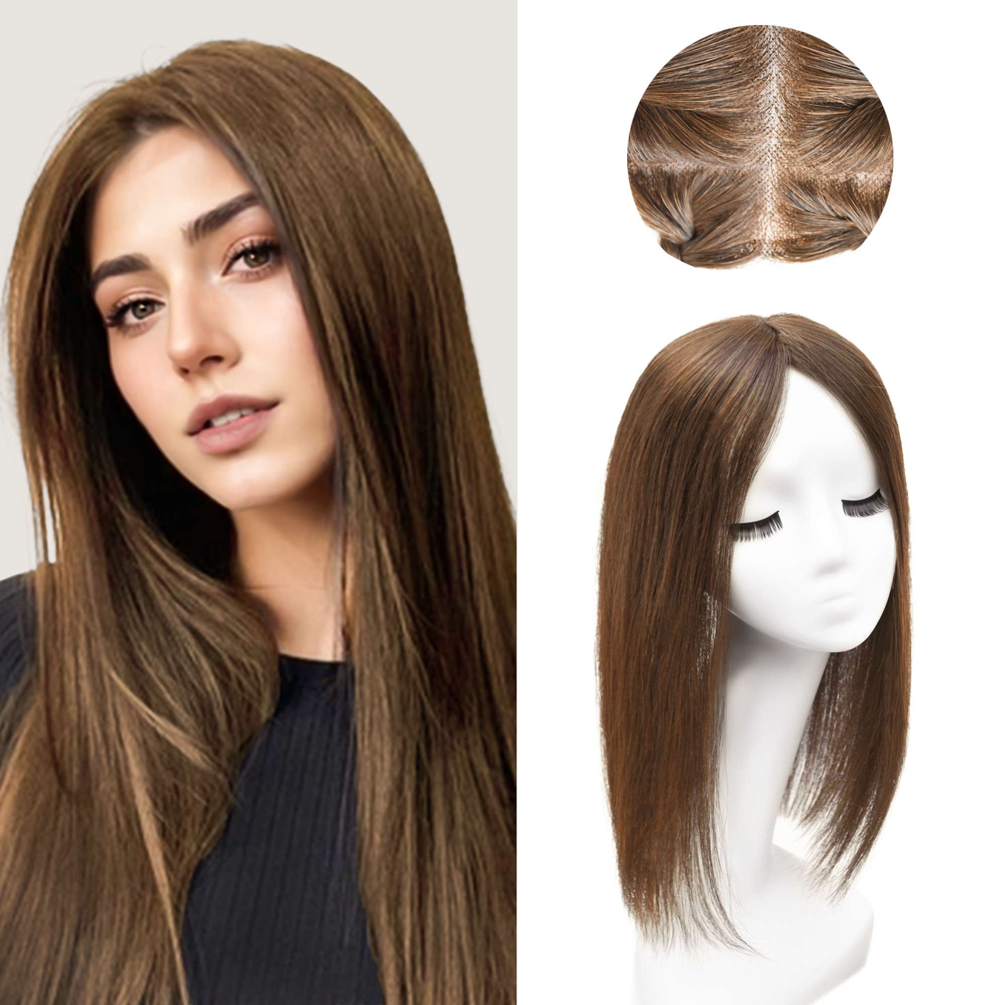 Meiverah Real Human Hair Full Hand-tied Swiss Mono Base Topper NO Bangs  Clip-In Thick Hairpiece for Women (#4 light brown)