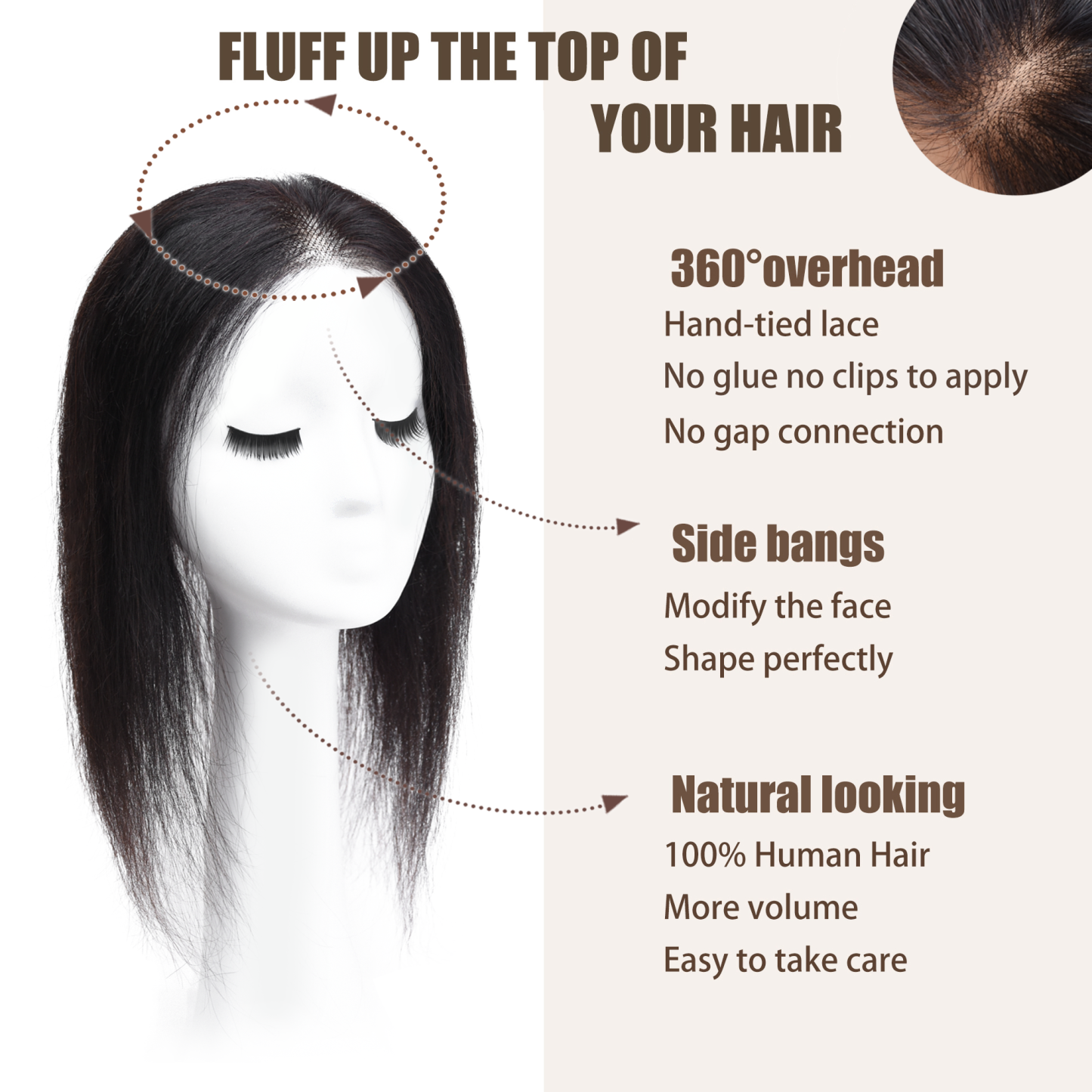 Meiverah Natural-Looking Handmade Hand-tied Mono Swiss Lace NO Bangs Clip-In Women Toupee -（1B#）