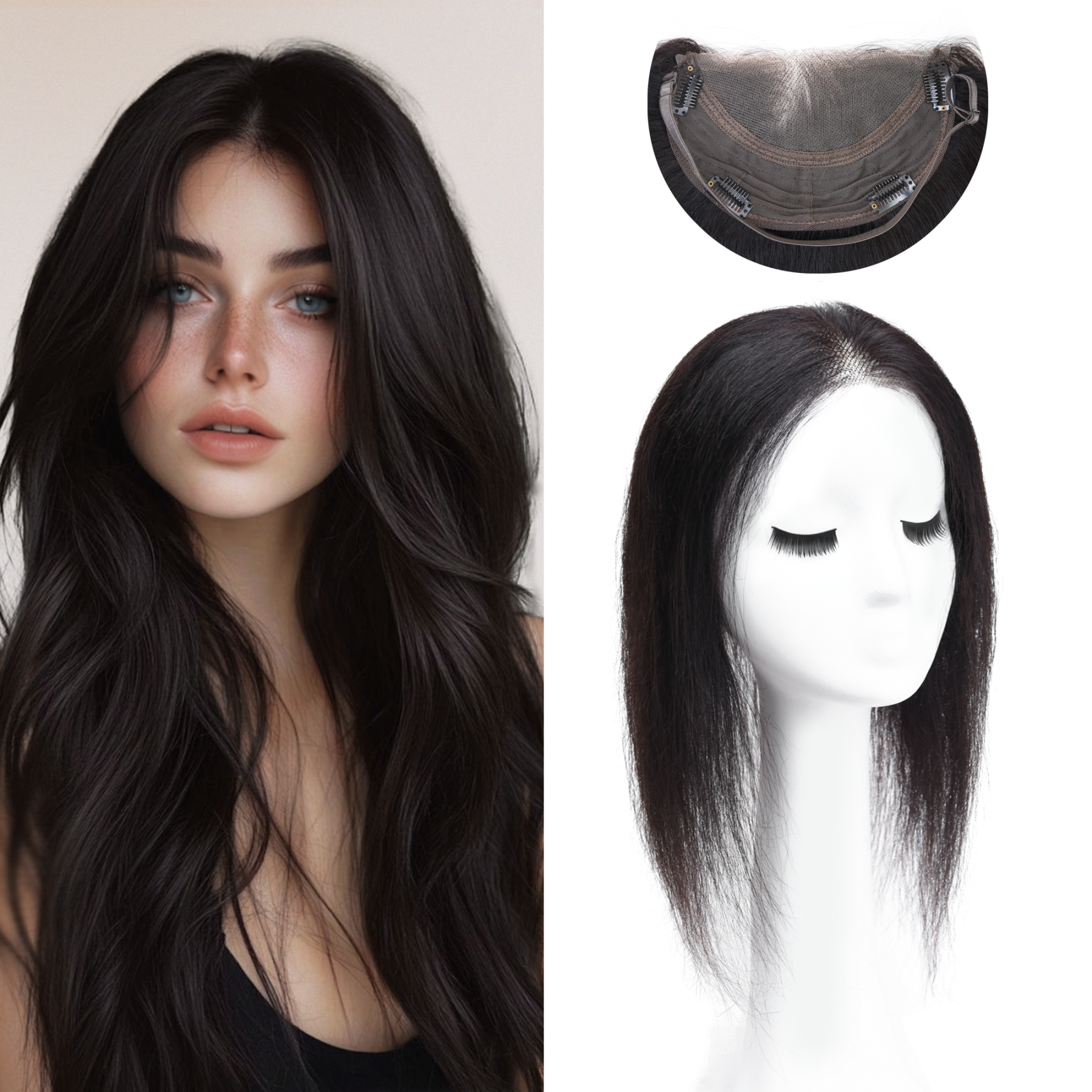 Meiverah Natural-Looking Handmade Hand-tied Mono Swiss Lace NO Bangs Clip-In Women Toupee -（1B#）