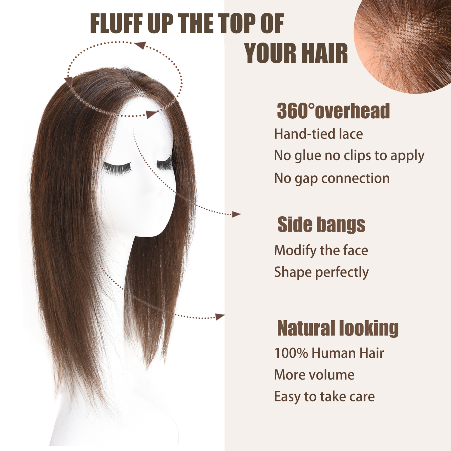 Meiverah Natural-Looking Handmade Hand-tied Mono Swiss Lace NO Bangs Clip-In Women Toupee -（Medium Brown#）