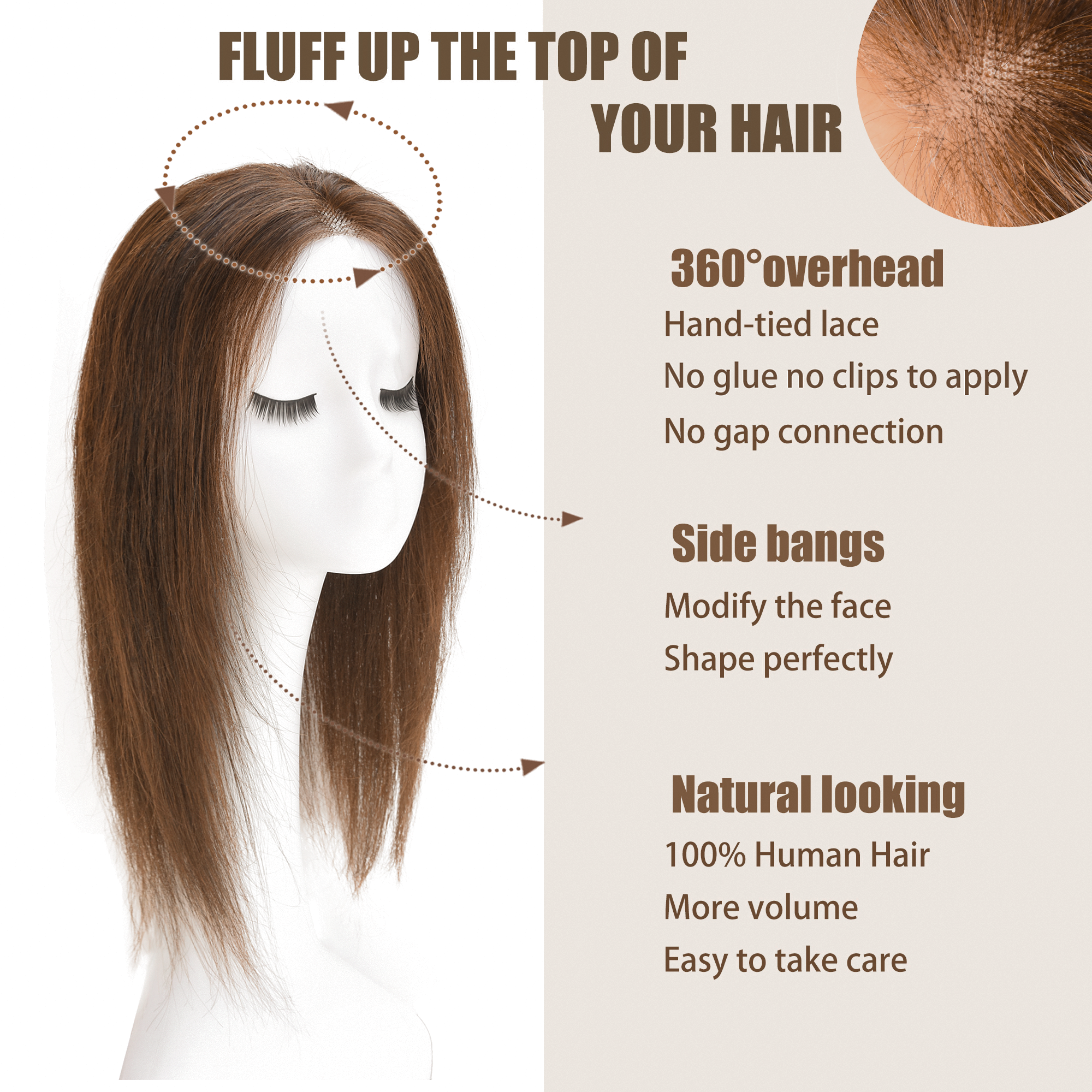 Meiverah Natural-Looking Handmade Hand-tied Mono Swiss Lace NO Bangs Clip-In Women Toupee -（Medium Brown, 14"/35cm）