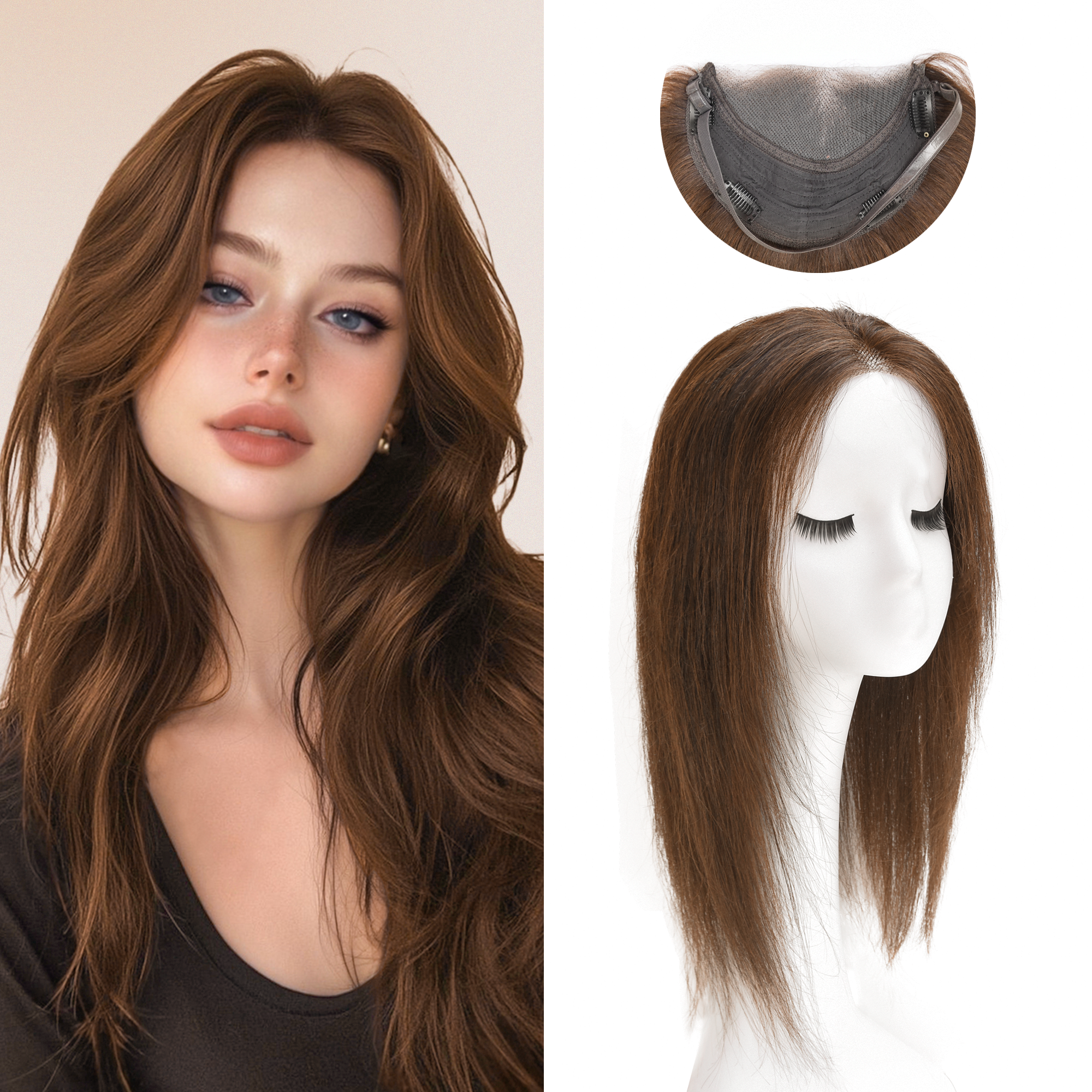 Meiverah Natural-Looking Handmade Hand-tied Mono Swiss Lace NO Bangs Clip-In Women Toupee -（Medium Brown, 14"/35cm）