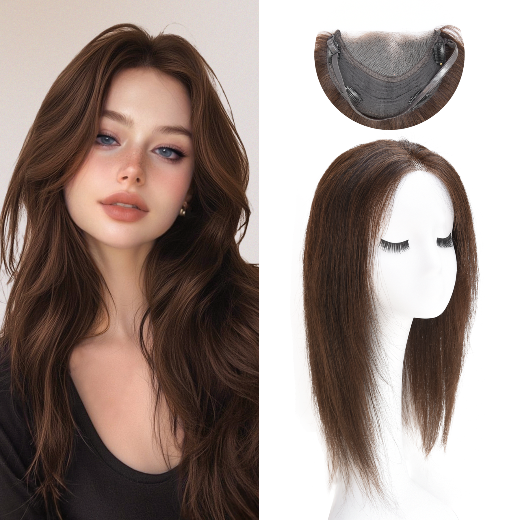 Meiverah Natural-Looking Handmade Hand-tied Mono Swiss Lace NO Bangs Clip-In Women Toupee -（Medium Brown#）