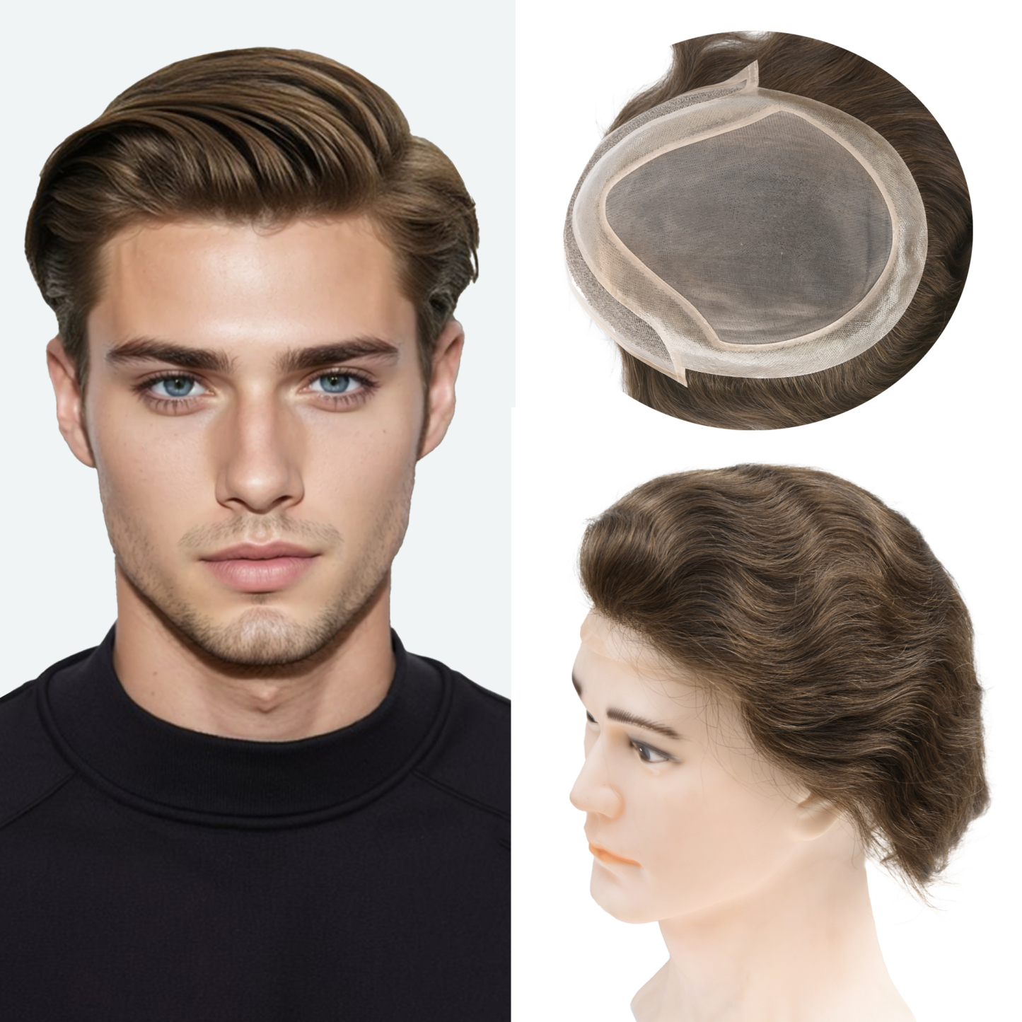 Meiverah Natural-Looking Handmade Full Hand-tied PU Mono Lace Men's Toupee -（4#，wavy）