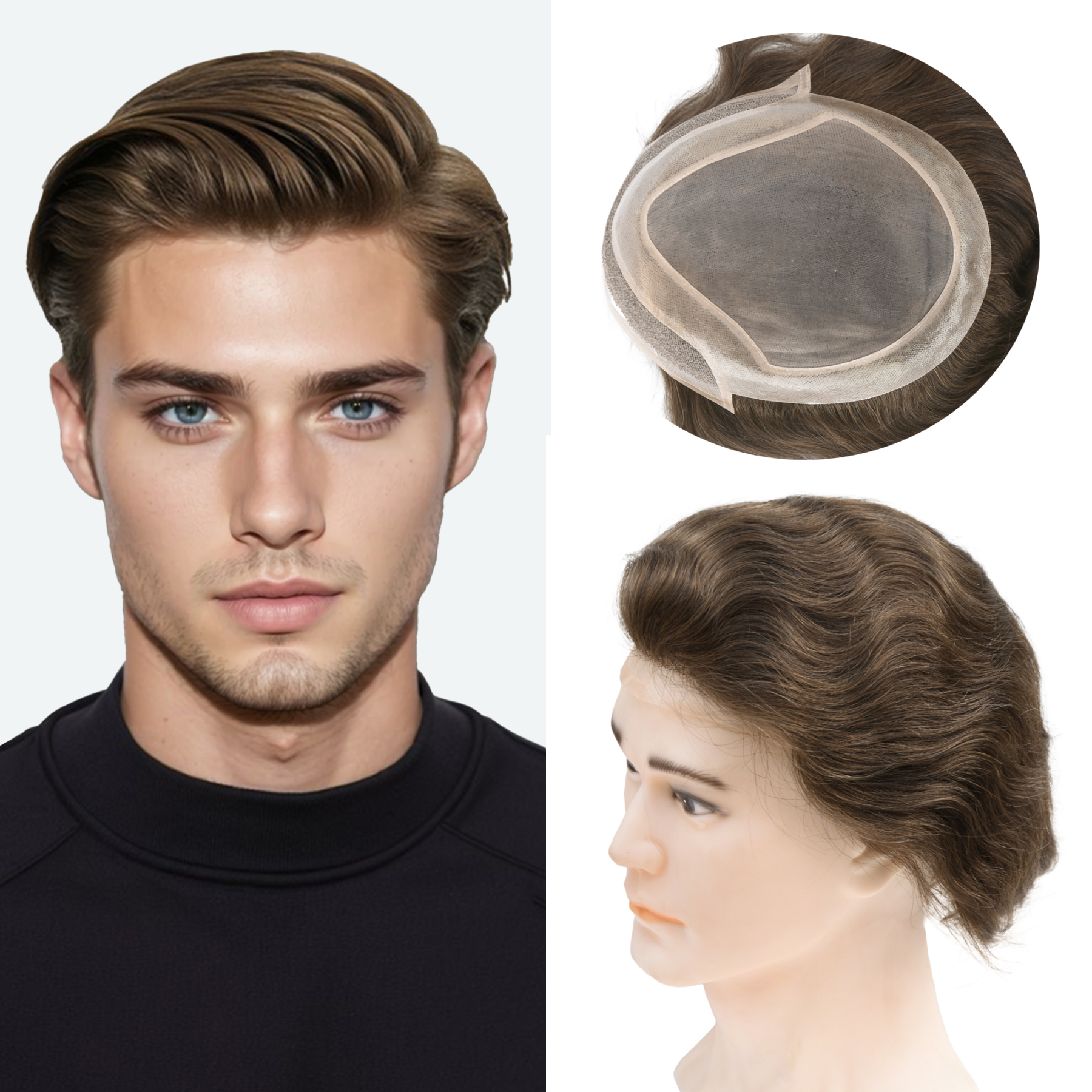 Meiverah Natural-Looking Handmade Full Hand-tied PU Mono Lace Men's Toupee -（4#，wavy）