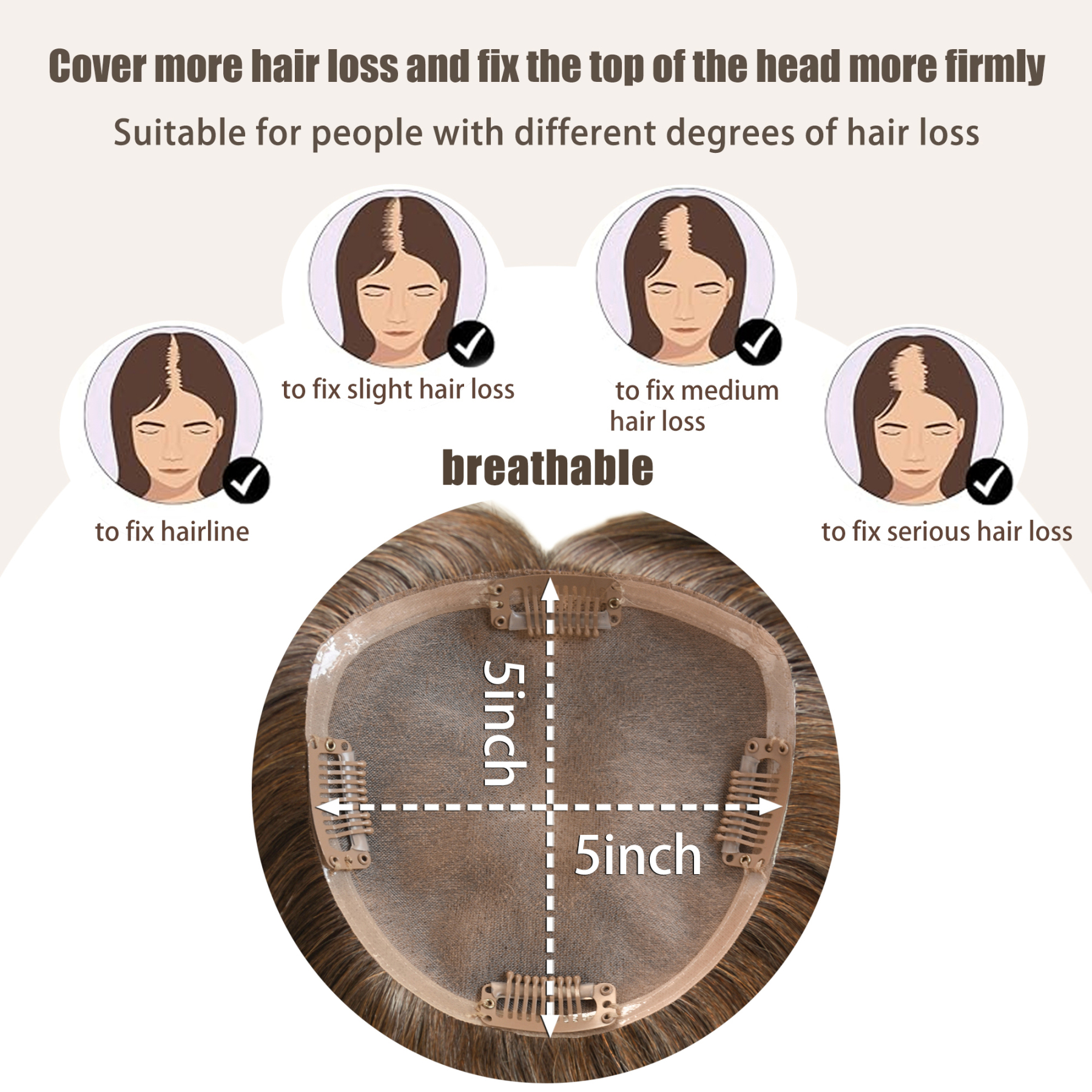 Meiverah Real Human Hair Full Hand-tied Swiss Mono Base Topper NO Bangs  Clip-In Thick Hairpiece for Women (#4 light brown)