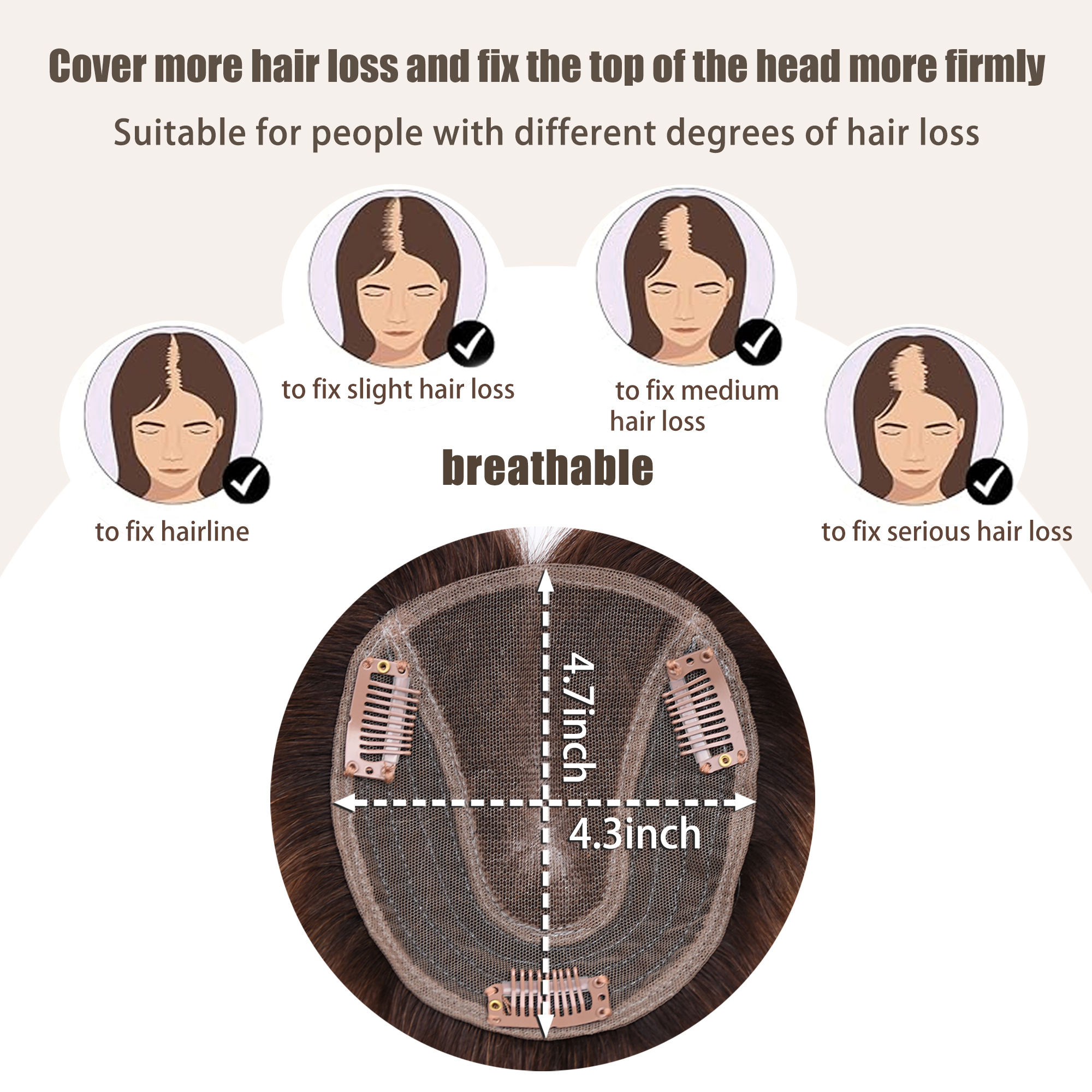 Meiverah Natural-Looking Handmade Full Hand-tied PU Mono Lace NO Bangs Clip-In Women Toupee -（4BCSA#）