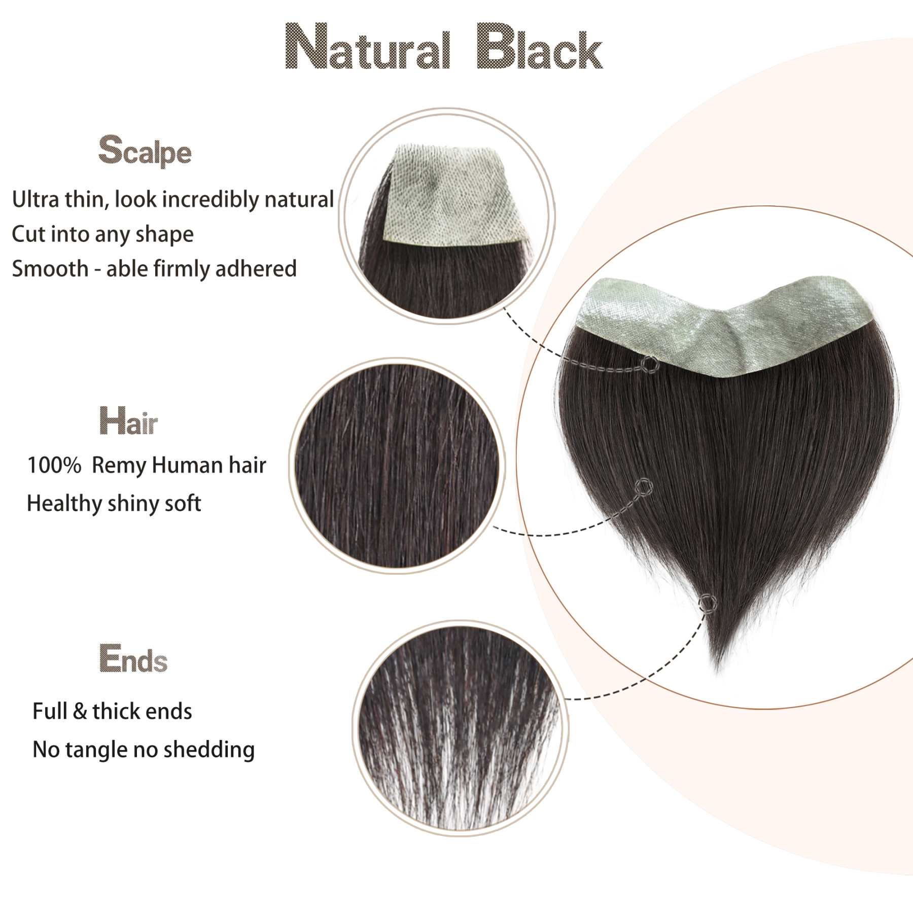 Meiverah Hair Frontal Hairpiece for Men Natural Black Hair Extension Hairline Loss Straight Tape in Human Hair Toppers Replacement Toupee （Natural Black）