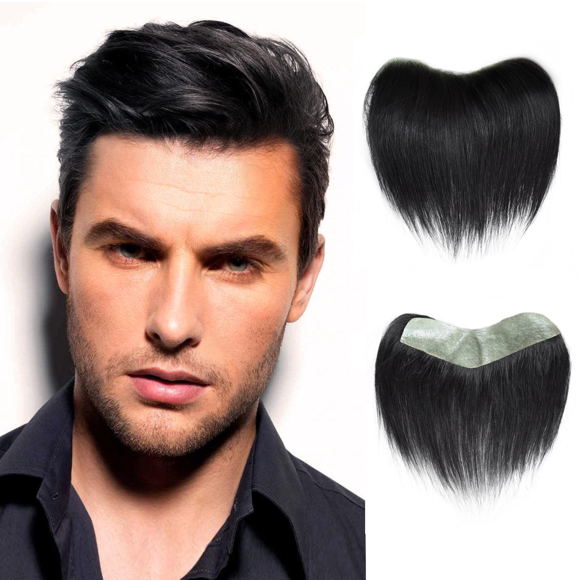 Meiverah Hair Frontal Hairpiece for Men Natural Black Hair Extension Hairline Loss Straight Tape in Human Hair Toppers Replacement Toupee （Jet Black）