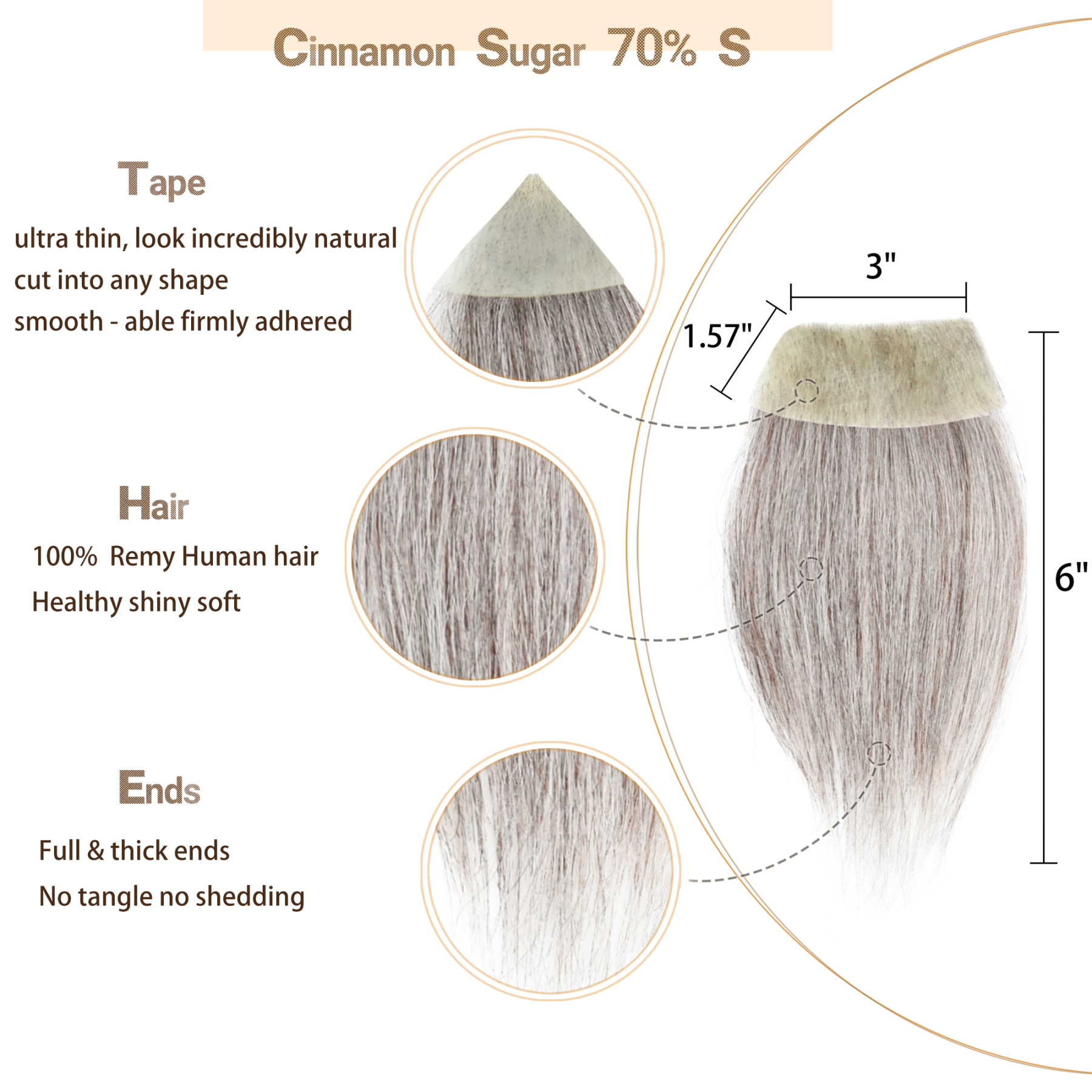 (70% Gray-Cinnamon Sugar) Meiverah Bolding Spot Accidental Burns Scar Human Hair Replacement for men women Hairline Loss Straight Tape in Replacement 