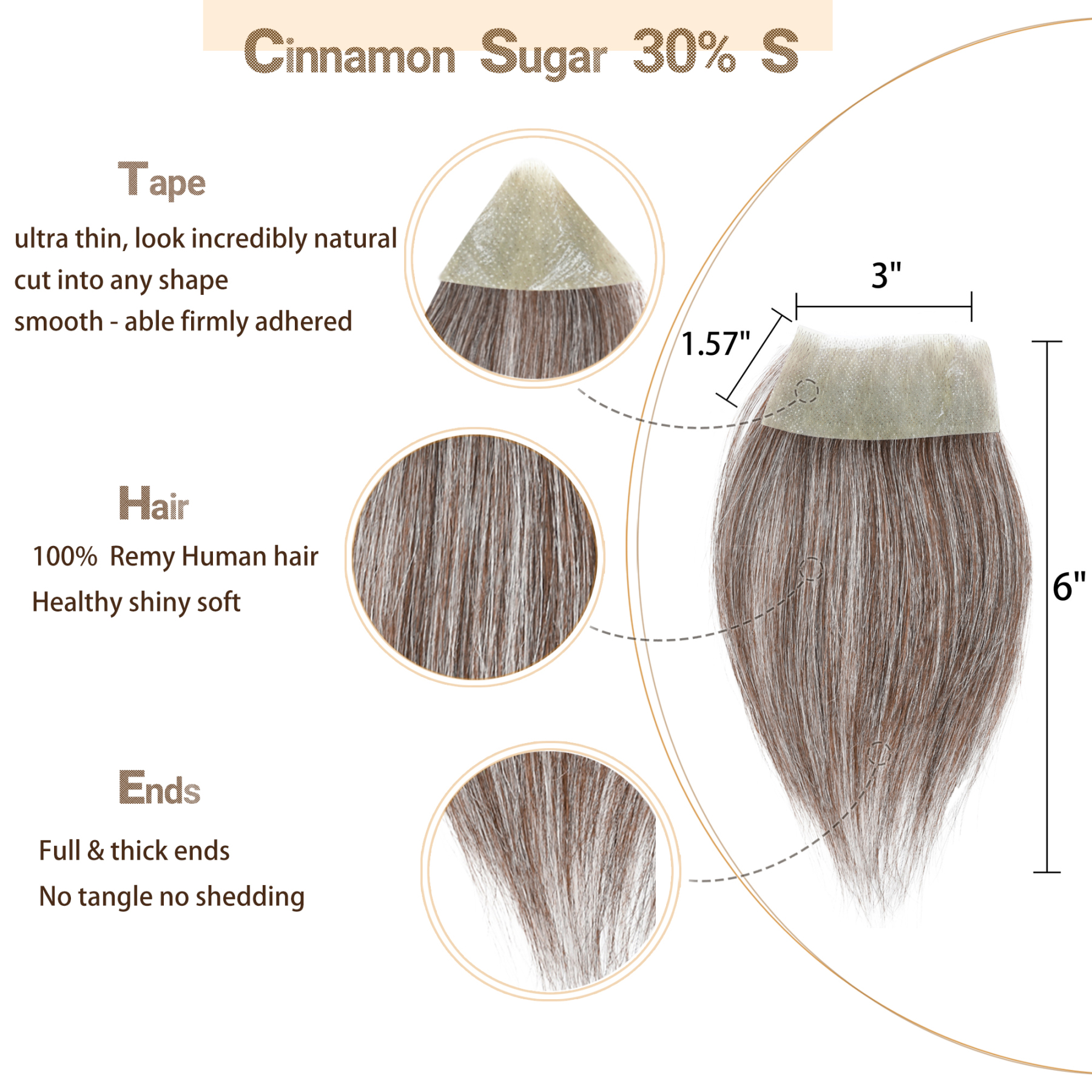 Meiverah Hair scar human hair replacement Accidental burns without hair for men women Hairline Loss Straight Tape in Replacement Toupee (30% Gray-Cinnamon Sugar)