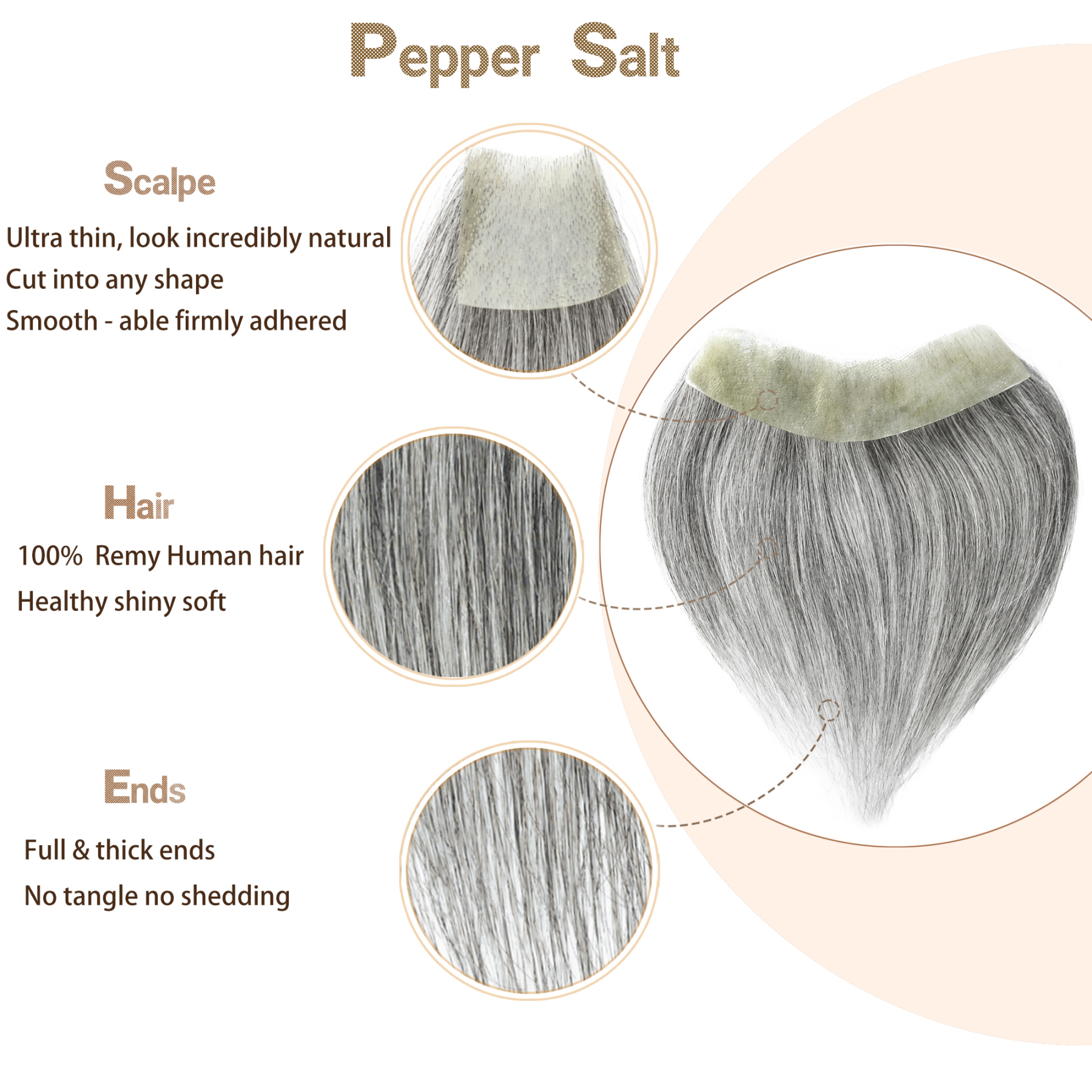 Meiverah Hair Frontal Hairpiece for Men Natural Black Hair Extension Hairline Loss Straight Tape in Human Hair Toppers Replacement Toupee （70% Gray-Cinnamon Sugar）