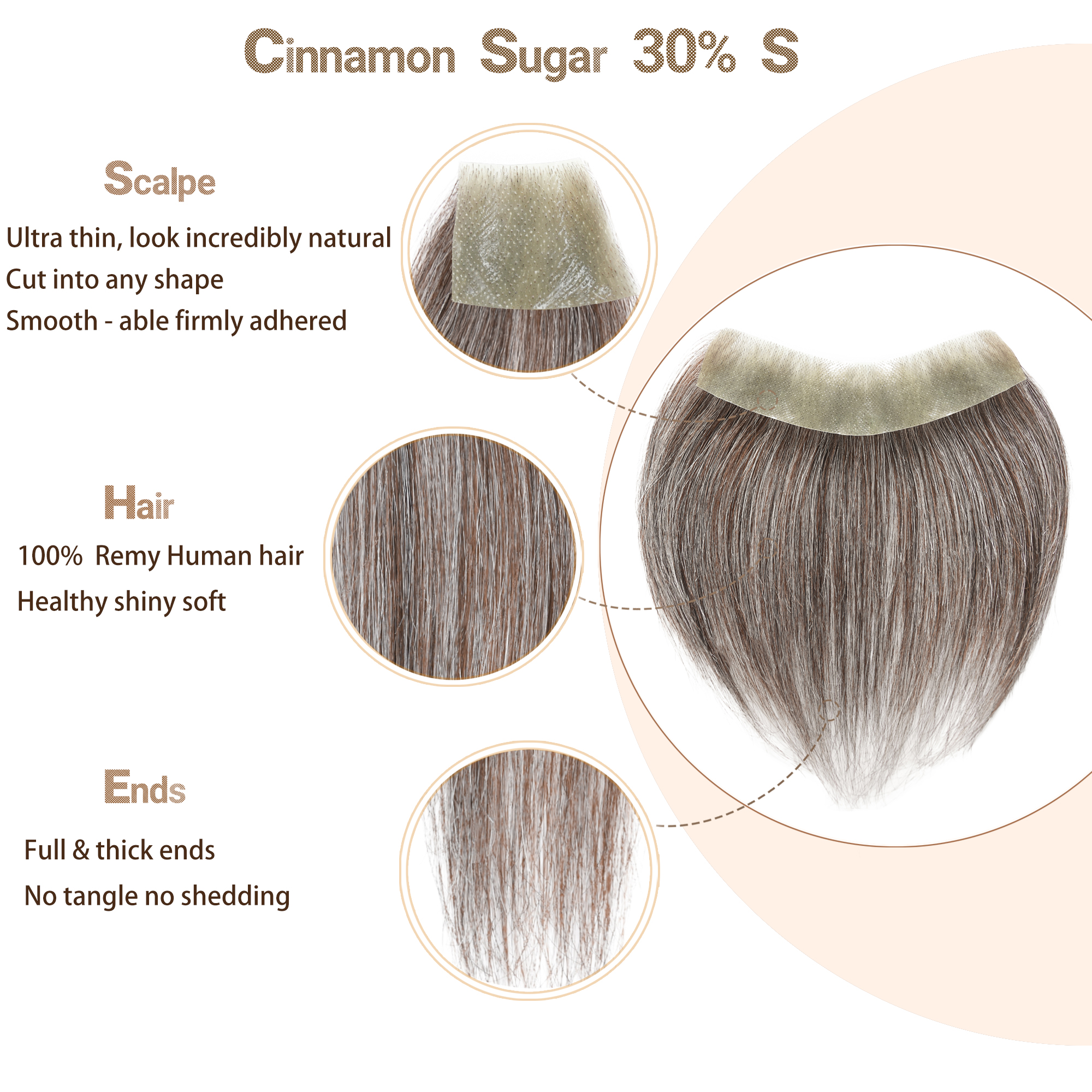 Meiverah Hair Frontal Hairpiece for Men Natural Black Hair Extension Hairline Loss Straight Tape in Human Hair Toppers Replacement Toupee （30% Gray-Cinnamon Sugar）