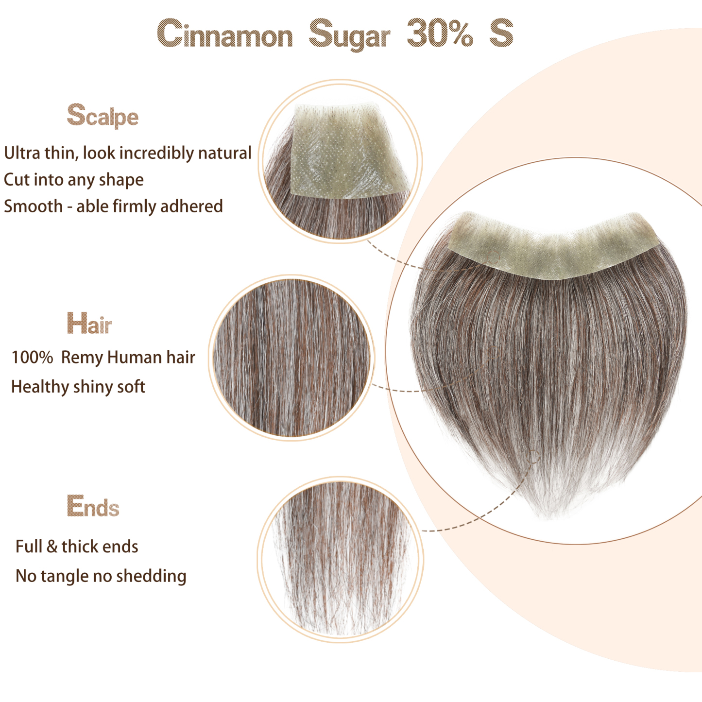 Meiverah Hair Frontal Hairpiece for Men Natural Black Hair Extension Hairline Loss Straight Tape in Human Hair Toppers Replacement Toupee （30% Gray-Cinnamon Sugar）