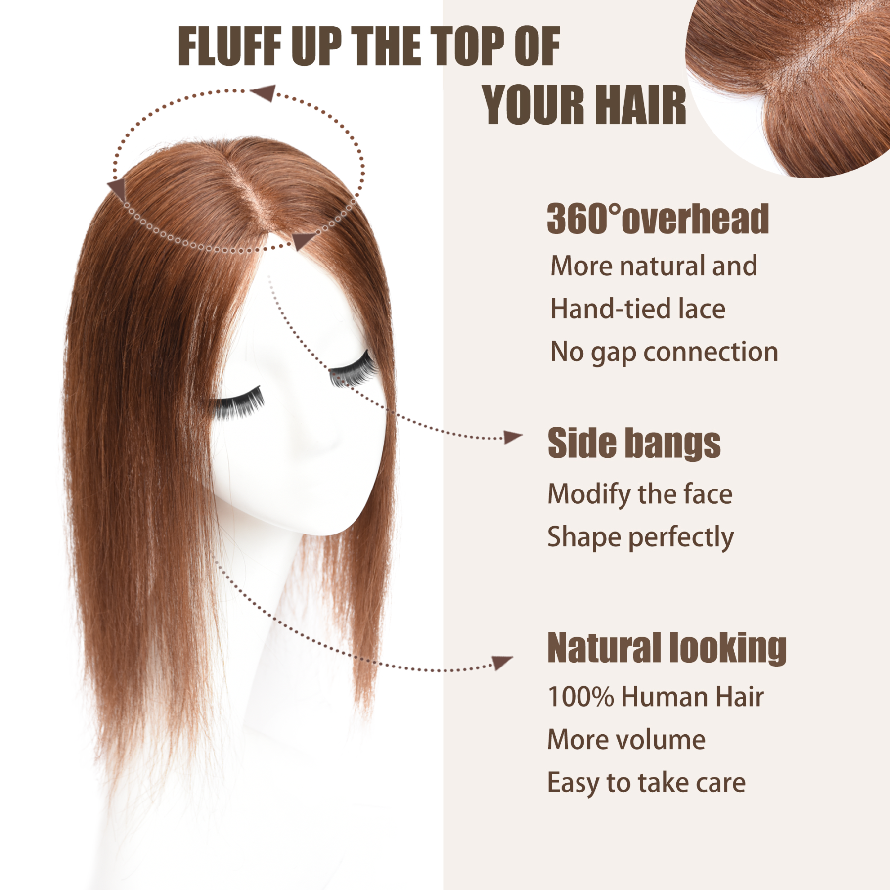 Meiverah Real Human Hair Swiss Mono Base Hand-tied Topper NO Bangs-Clip-In Thick Hairpiece for Women  (#5)