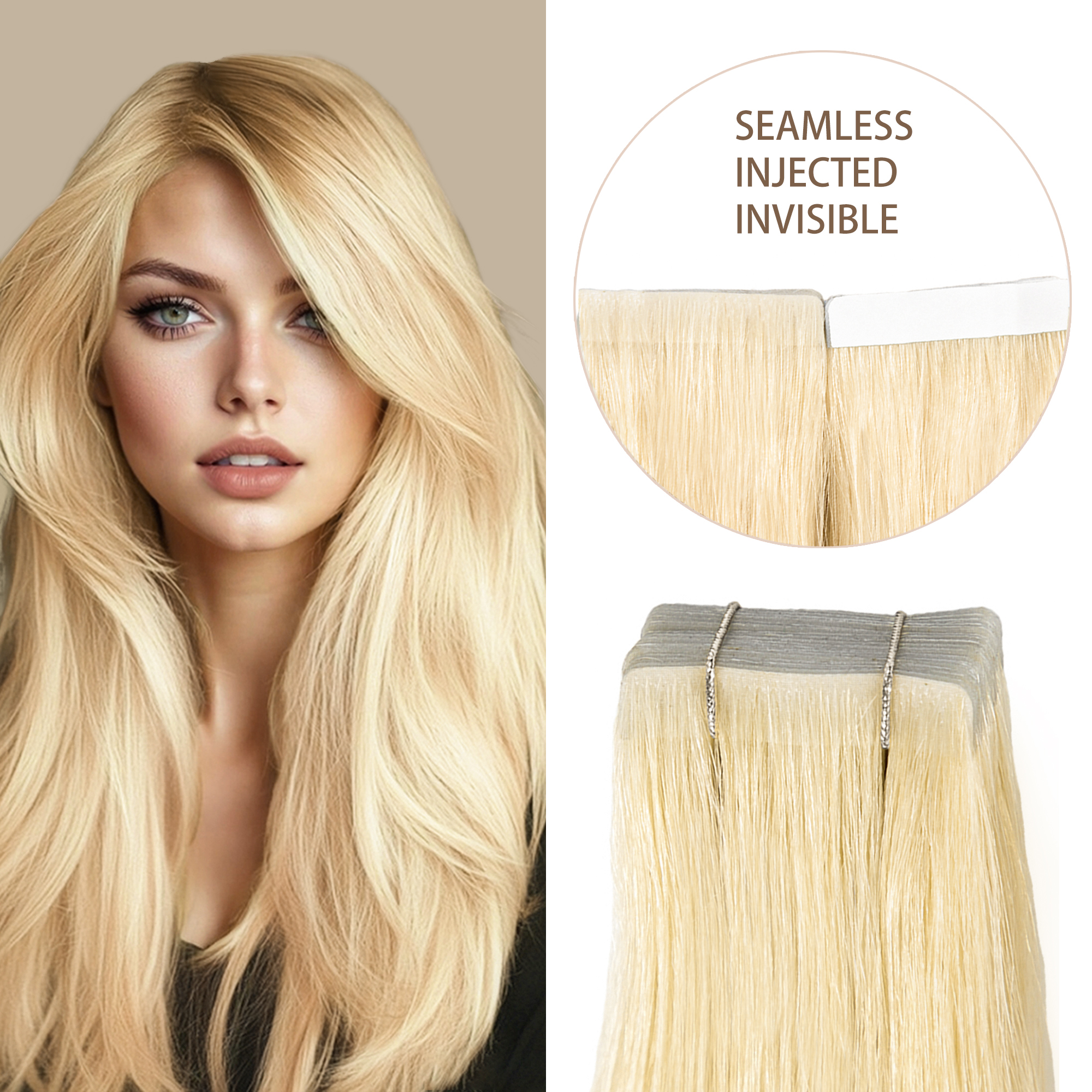 Meiverah Seamless Injected Hand-Tied Tape In Hair Extensions 20 Pcs/50 g Virgin Human Hair (#613)