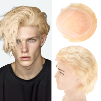 Meiverah Natural-Looking Handmade Full Hand-tied PU Mono Lace Men's Toupee -（613#，wavy）