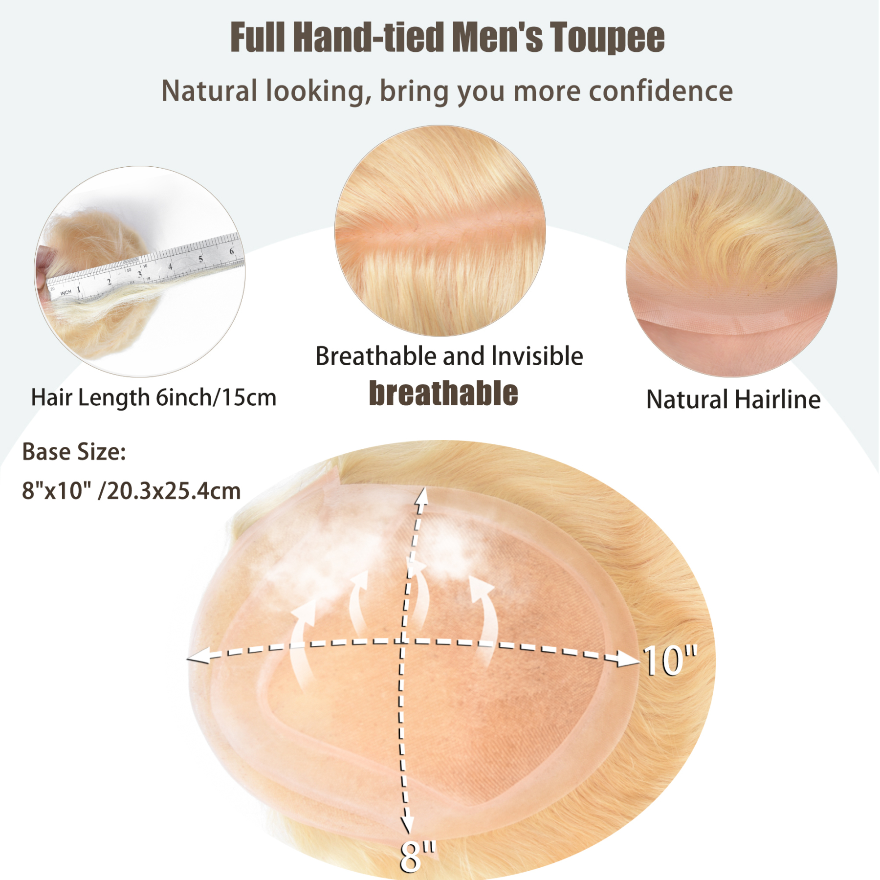 Meiverah Natural-Looking Handmade Full Hand-tied PU Mono Lace Men's Toupee -（613#，wavy）