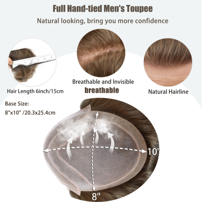 Meiverah Natural-Looking Handmade Full Hand-tied PU Mono Lace Men's Toupee -（7#，wavy）