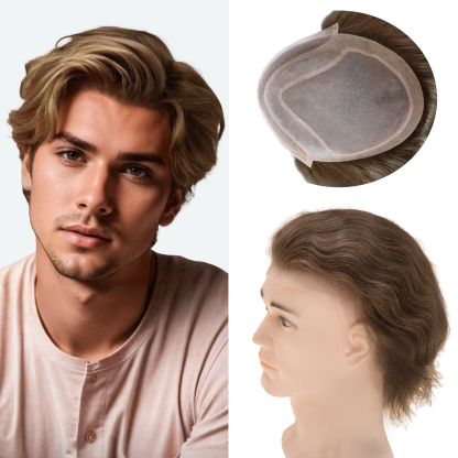 Meiverah Natural-Looking Handmade Full Hand-tied PU Mono Lace Men's Toupee -（7#，wavy）