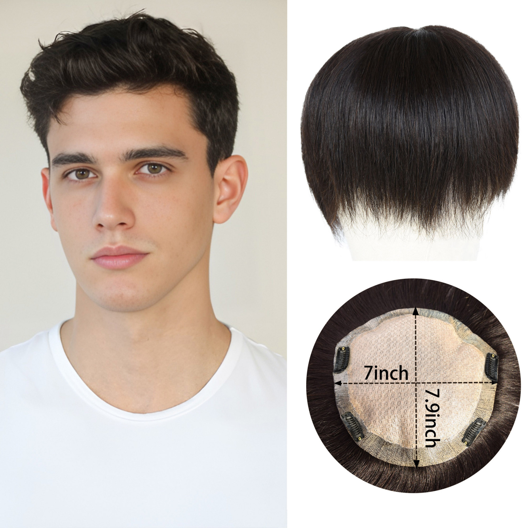 Meiverah Hair Untrimmed Hand Tied Lace/Slik Base Toupee with Biological Scalp Toupee Human Hair Extension Clip in Hairpieces Topper Top HairPiece for Men (1B，PU)