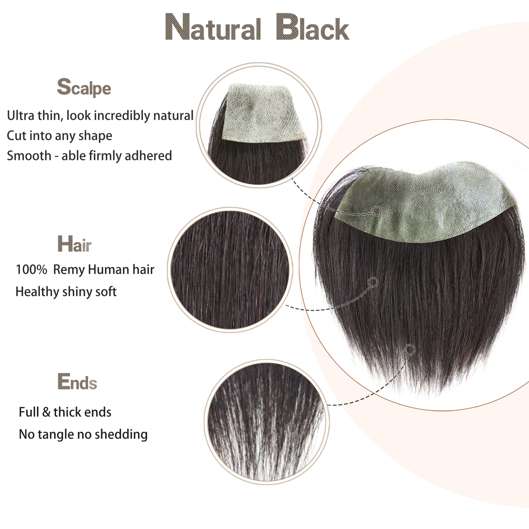 Meiverah Hair Frontal Hairpiece for Women Natural Black Hair Extension Hairline Loss Straight Tape in Human Hair Toppers Replacement Toupee (Natural Black)