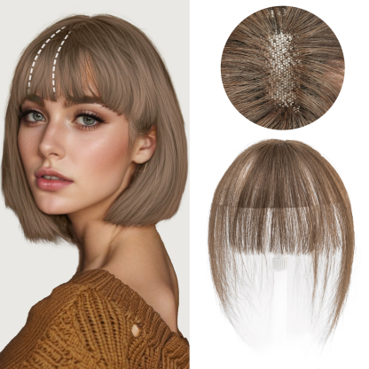 Meiverah Hair Clip in Bangs Real Human Hair with high cranial top for volume Light and airy French bangs for women Clip On Air Bangs for Daily Wear (Ash Brown 8#)