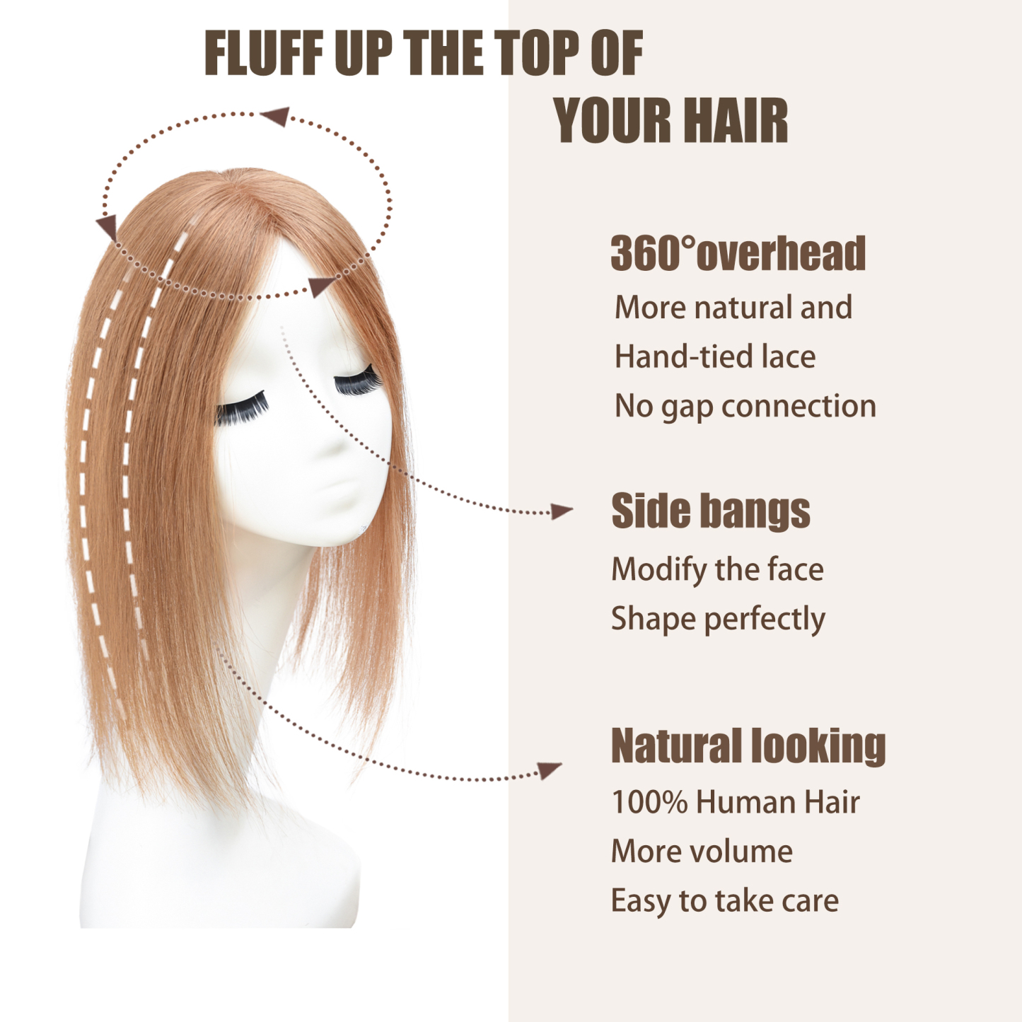 Meiverah Real Human Hair Full Hand-tied Swiss Mono Base Topper NO Bangs  Clip-In Thick Hairpiece for Women (#8 Pinkish Golden Blonde)