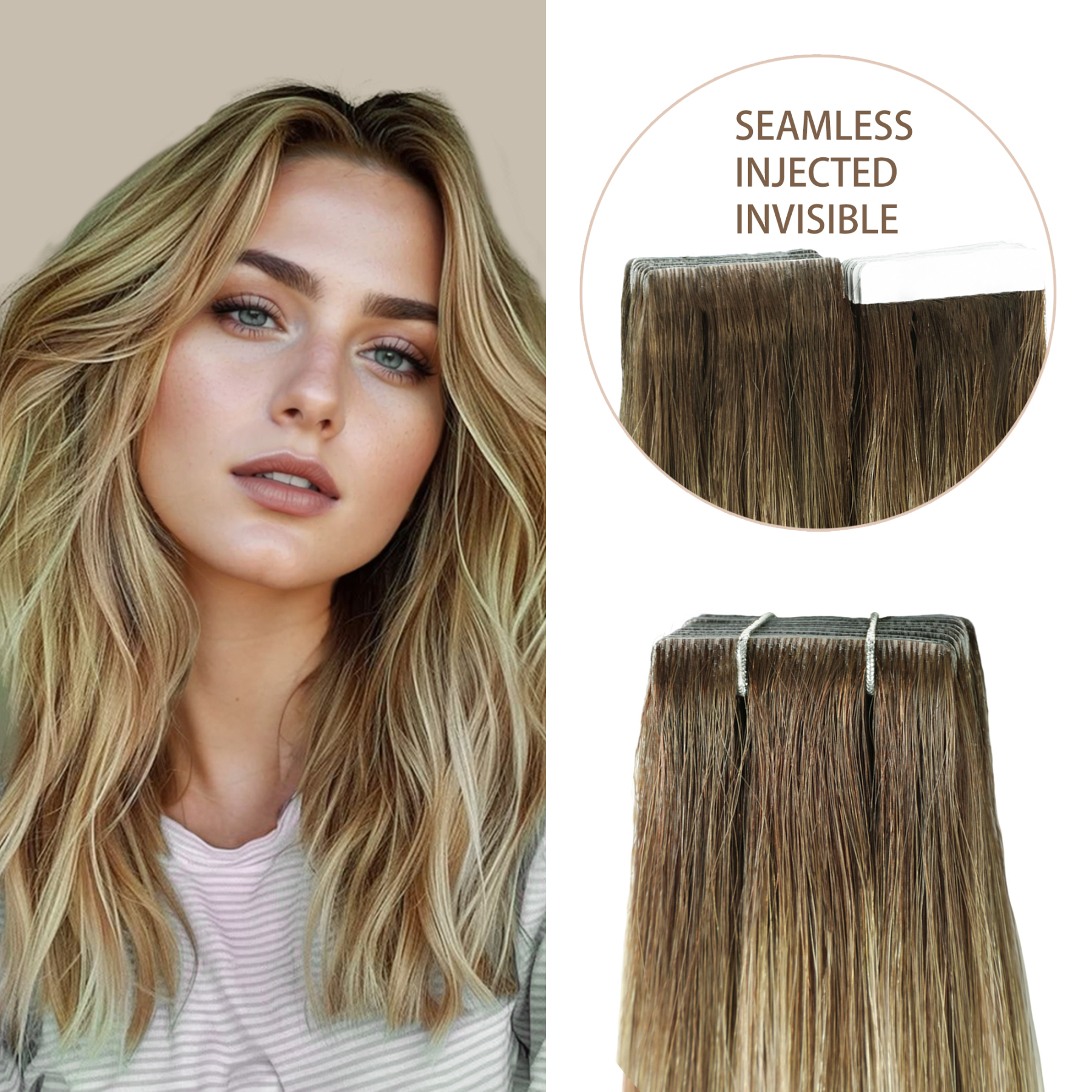 Meiverah Seamless Injected Hand-Tied Tape In Hair Extensions 20 Pcs/50 g Virgin Human Hair (#P6/613/T4)