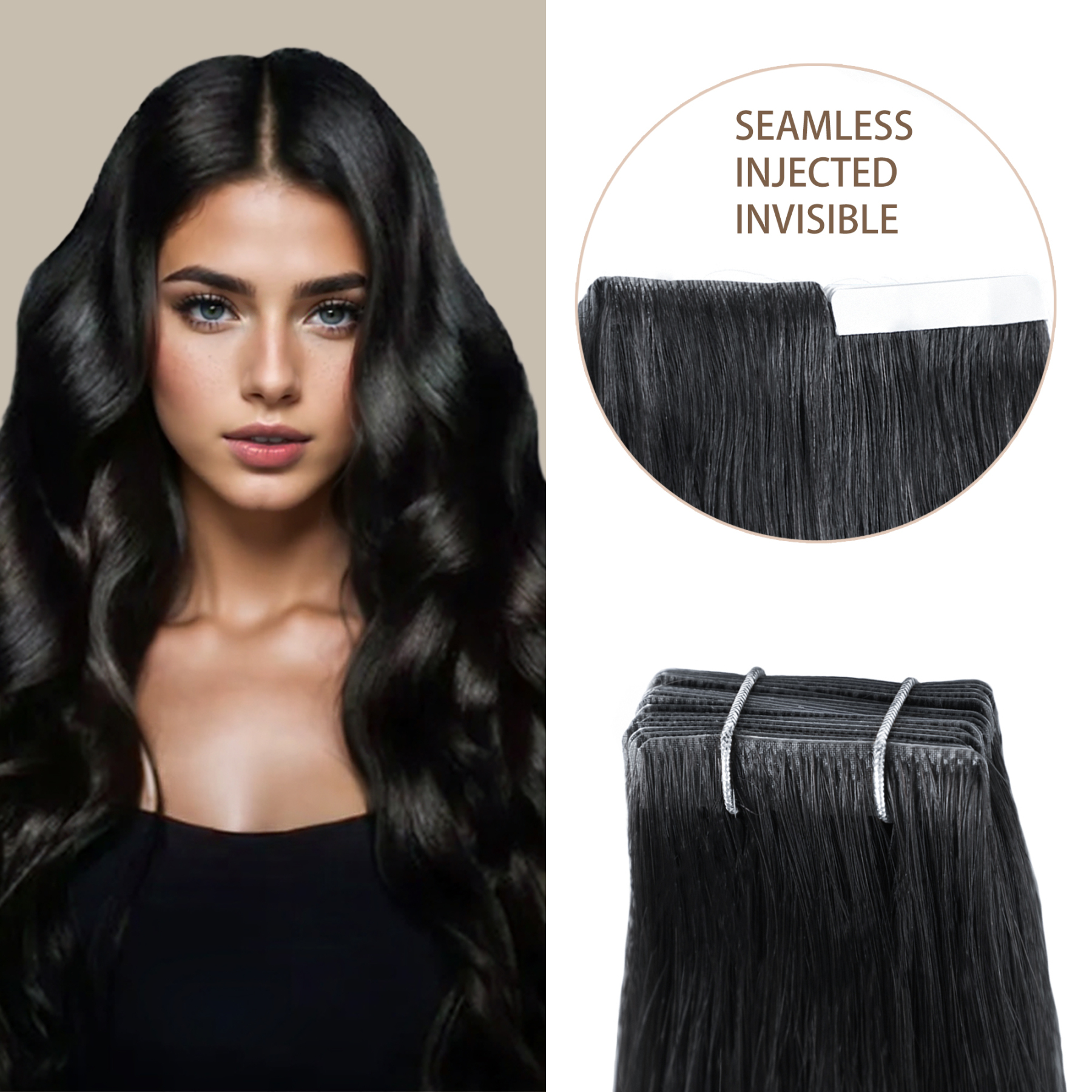 Meiverah Seamless Injected Hand-Tied Tape In Hair Extensions 20 Pcs/50 g Virgin Human Hair (#1)