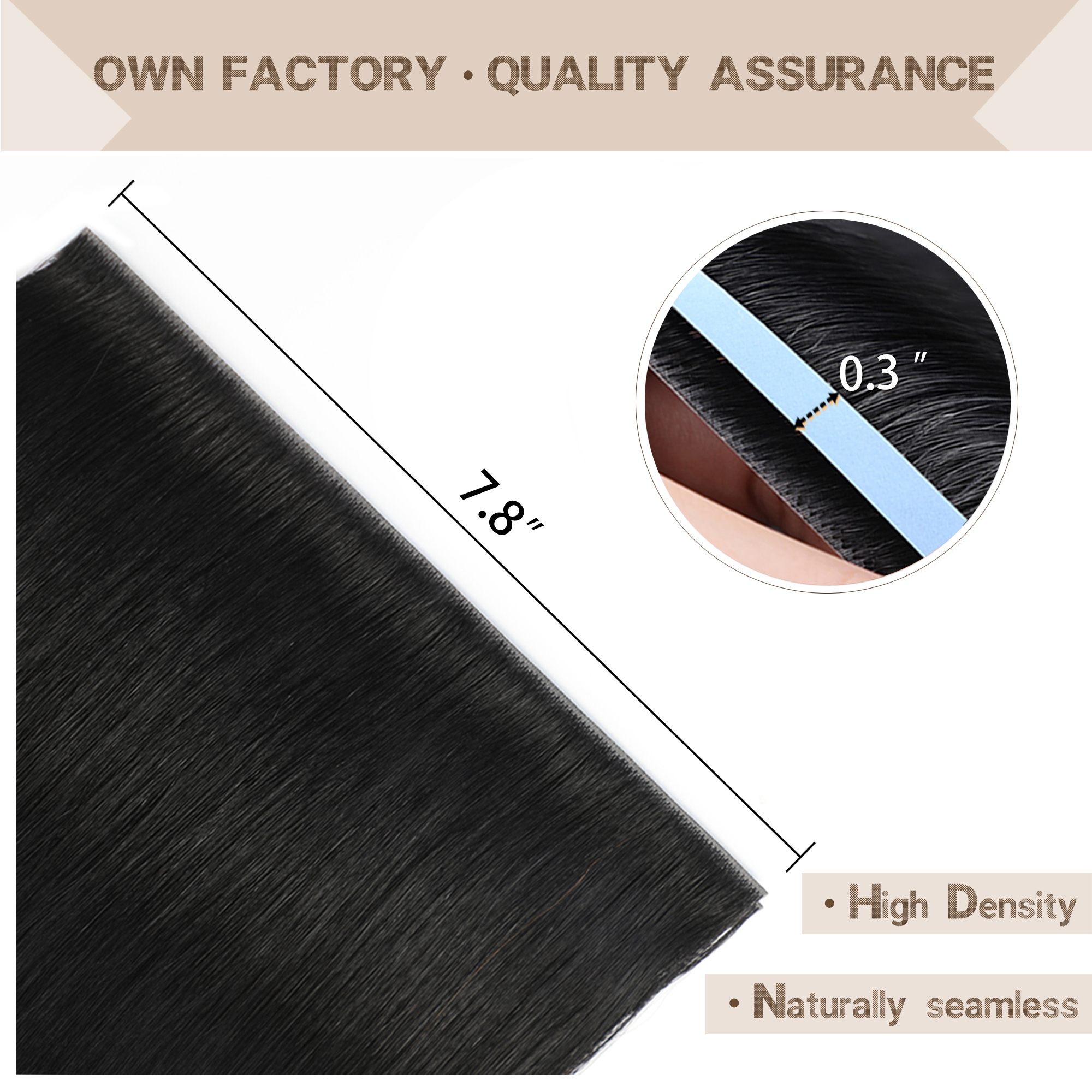 Meiverah 7.87 x 0.32 Inch Long Seamless Hand-Tied Invisible Tape-In Hair Extensions (4 Pcs) - Virgin Human Hair (#1)