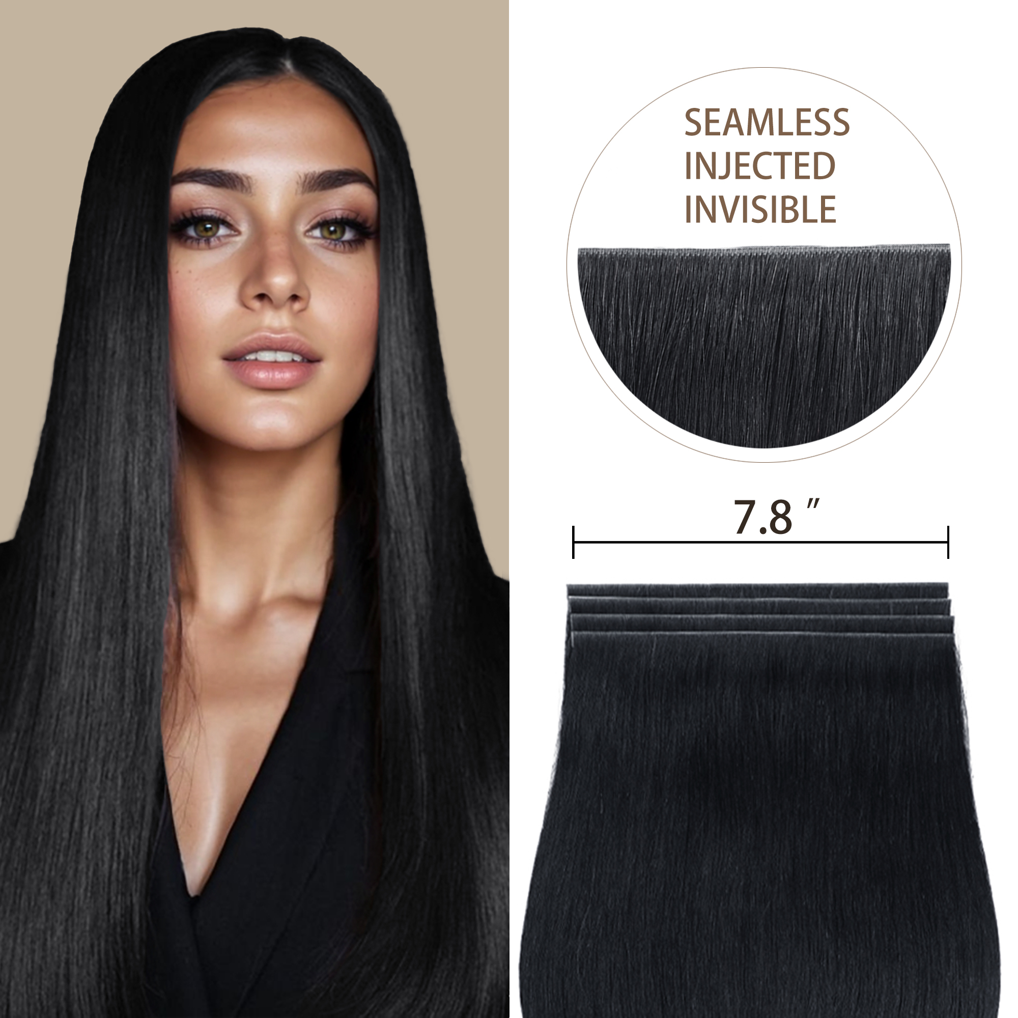 Meiverah 7.87 x 0.32 Inch Long Seamless Hand-Tied Invisible Tape-In Hair Extensions (4 Pcs) - Virgin Human Hair (#1)