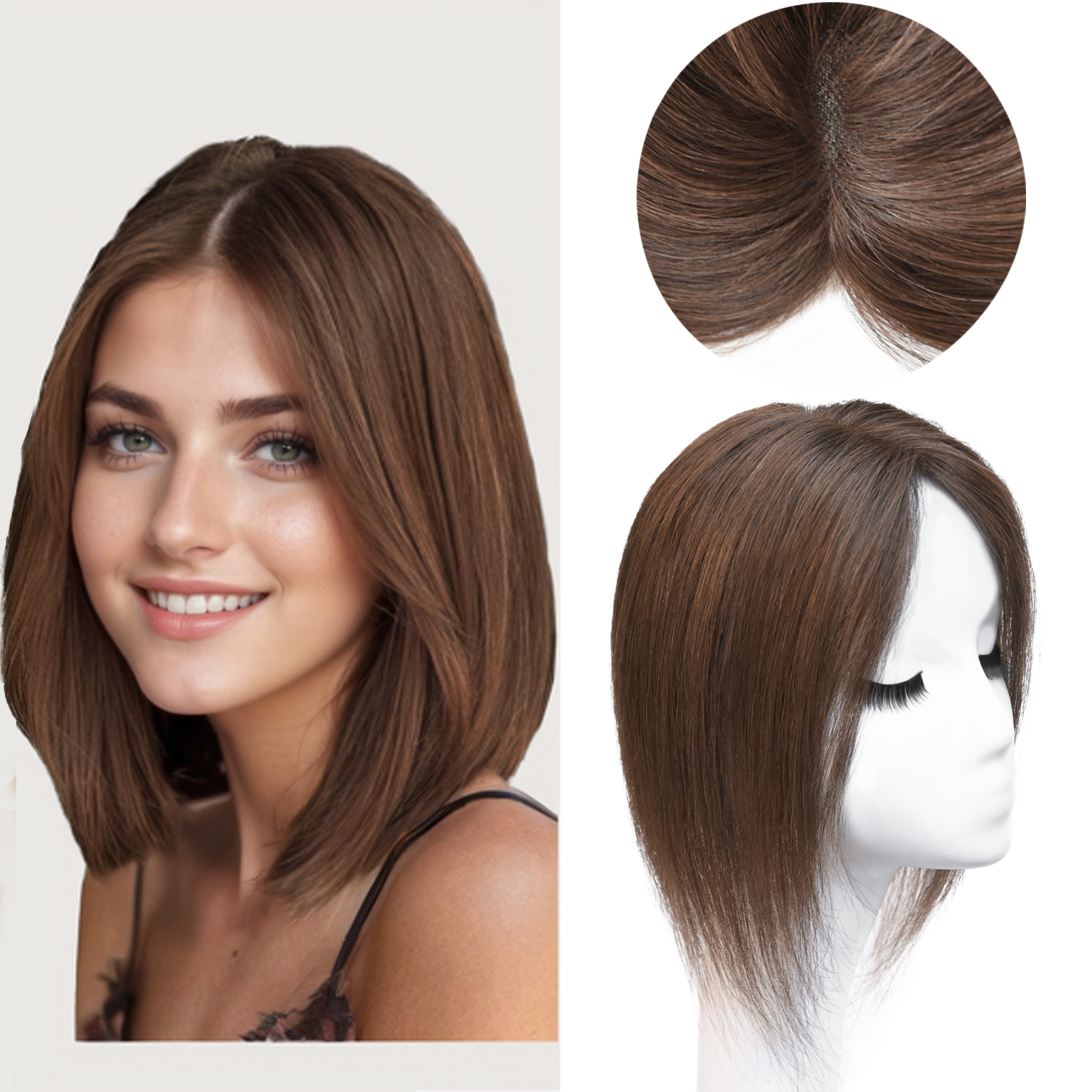 Meiverah Hair Real Human Hair Topper NO Bangs - Clip-In Thick Silk Base Hairpiece for Women (Medium Brown )