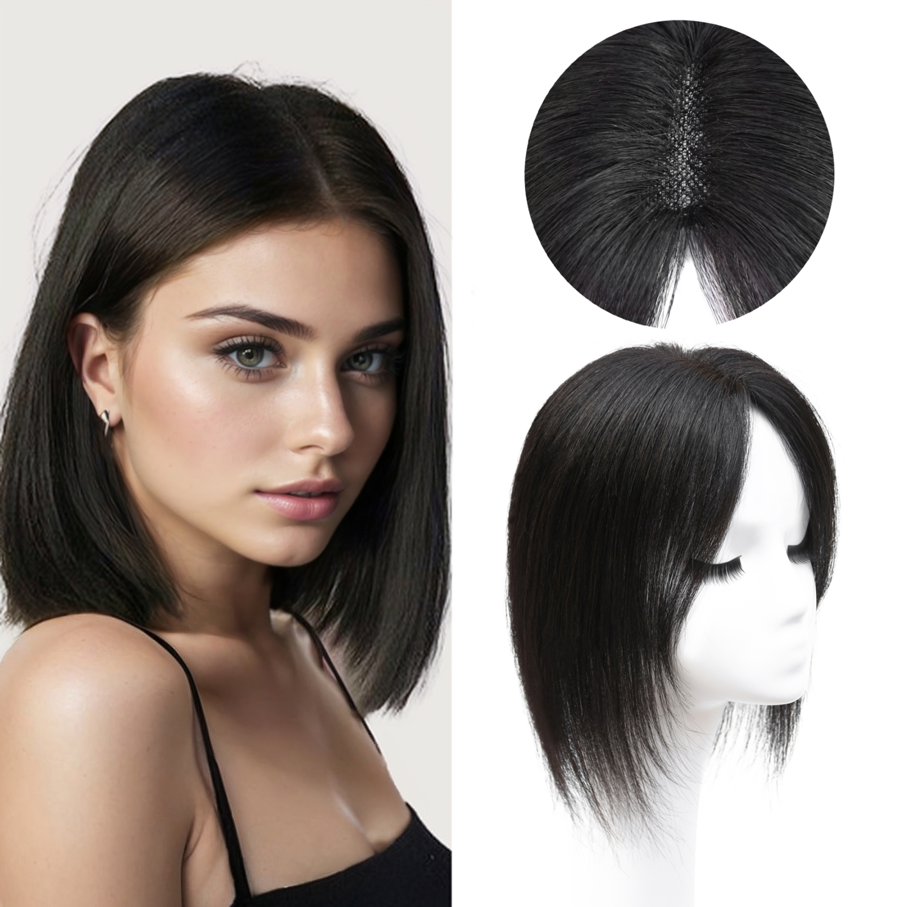 Meiverah Hair Real Human Hair Topper NO Bangs - Clip-In Thick Silk Base Hairpiece for Women (Natural Black)