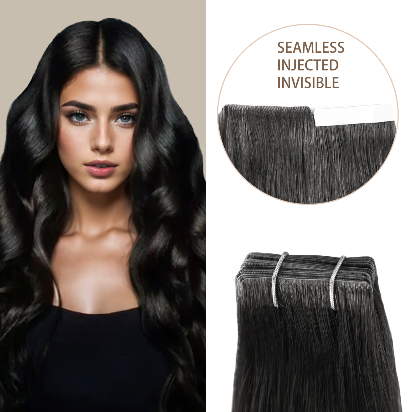 Meiverah Seamless Injected Hand-Tied Tape In Hair Extensions 20 Pcs/50 g Virgin Human Hair (#1)