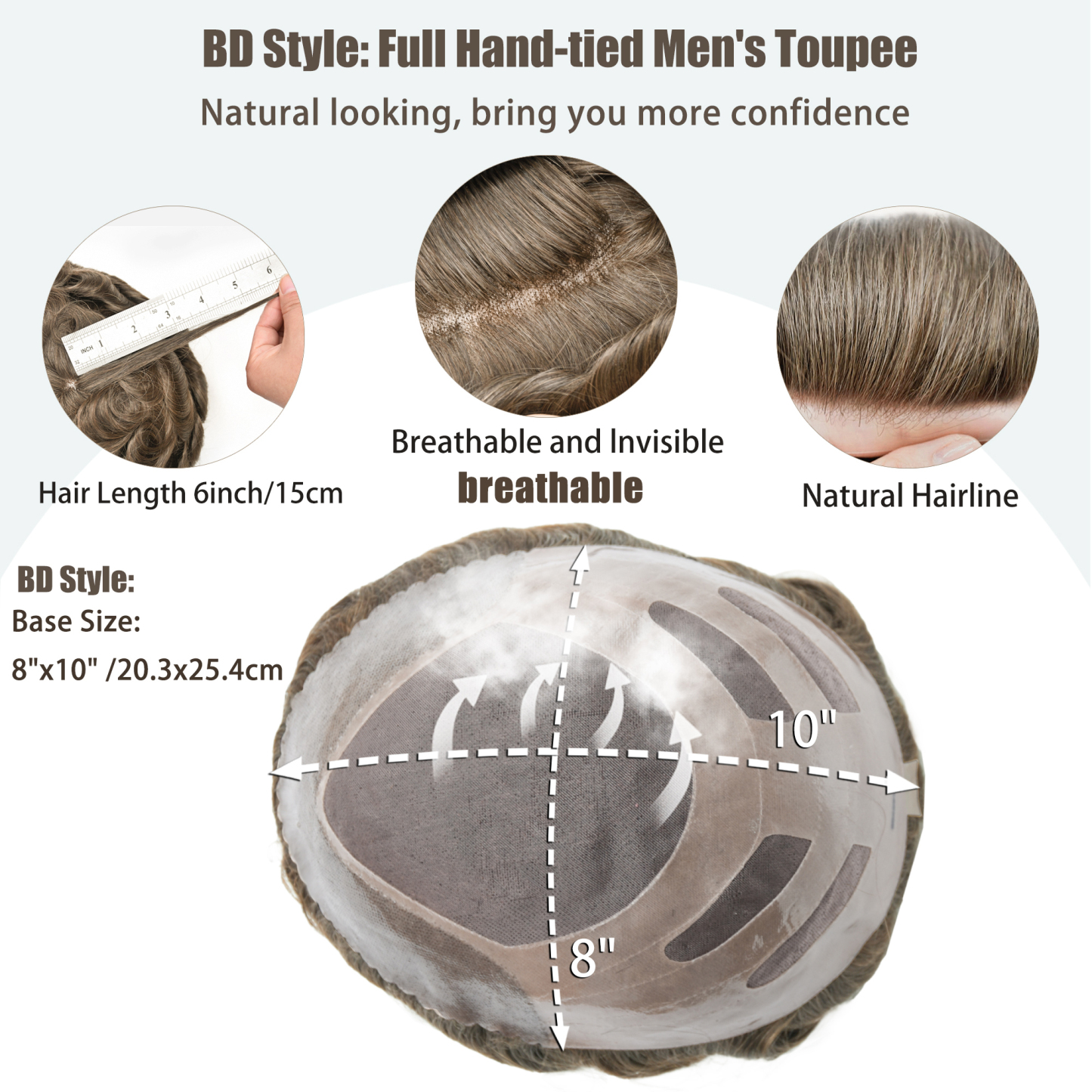 Meiverah Natural-Looking Handmade Men's Top Wig - BD Style (18 Color)