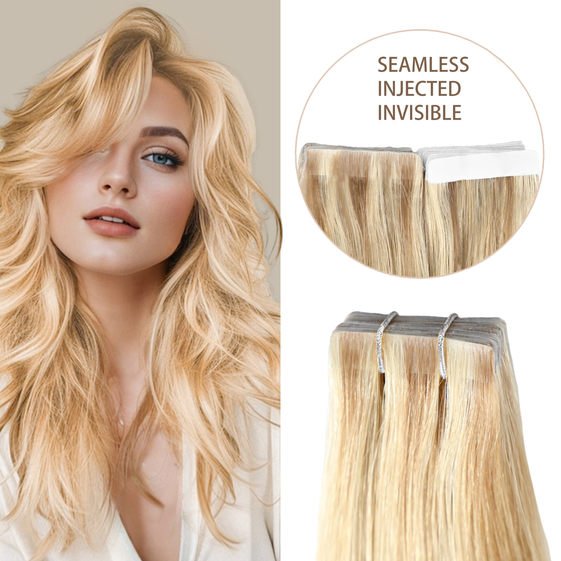 Meiverah Seamless Injected Hand-Tied Tape In Hair Extensions 20 Pcs/50 g Virgin Human Hair (#P18/613)