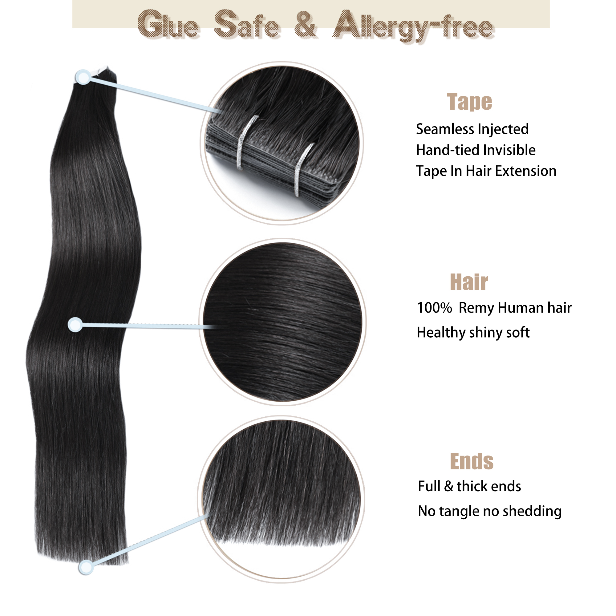 Meiverah Seamless Injected Hand-Tied Tape In Hair Extensions 20 Pcs/50 g Virgin Human Hair (#1B)