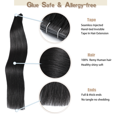 Meiverah Seamless Injected Hand-Tied Tape In Hair Extensions 20 Pcs/50 g Virgin Human Hair (#1B)