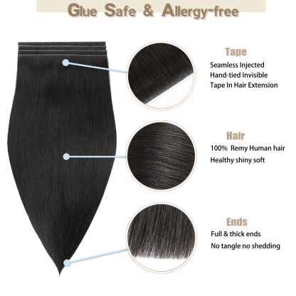 Meiverah 7.87 x 0.32 Inch Long Seamless Hand-Tied Invisible Tape-In Hair Extensions (4 Pcs) - Virgin Human Hair (#1B)