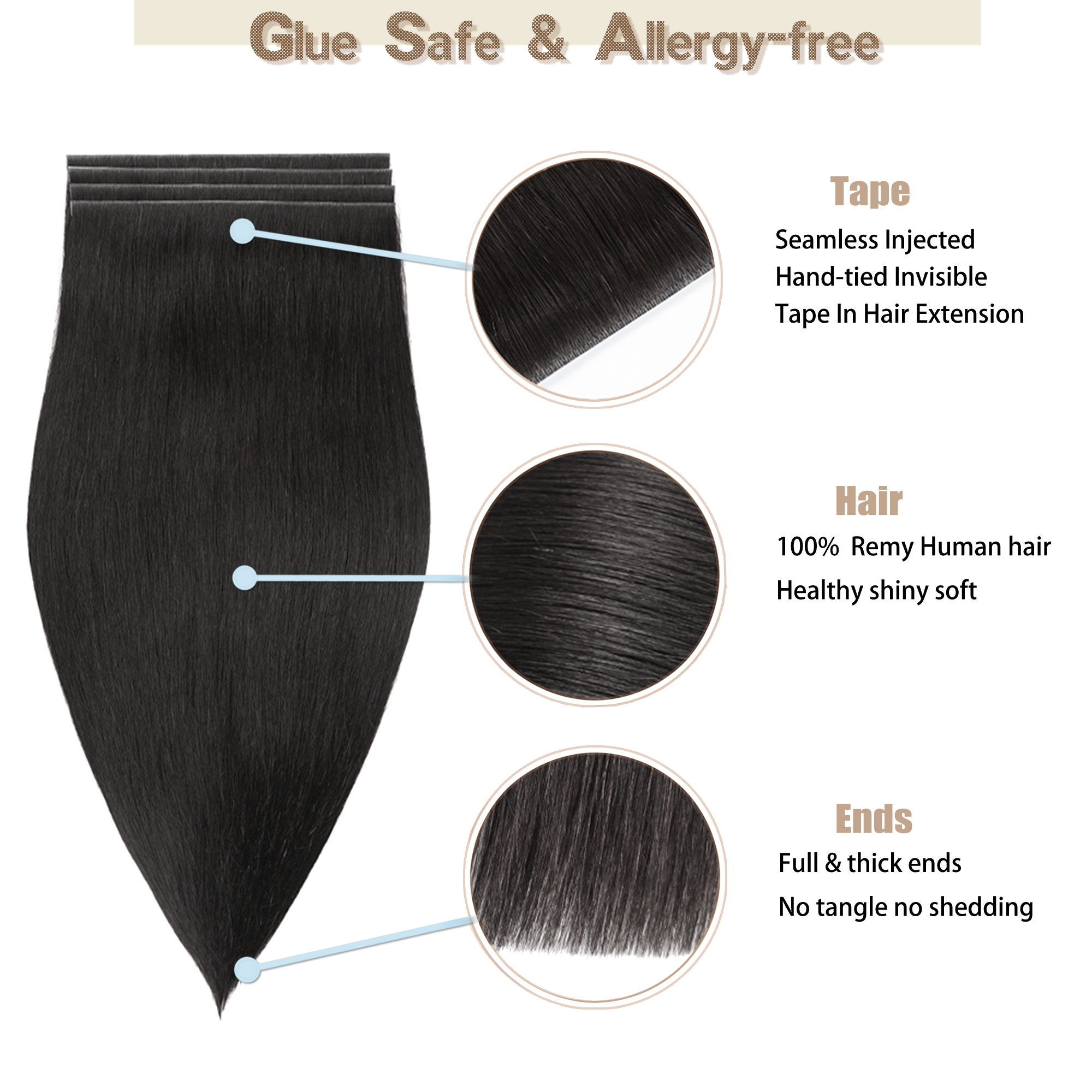 Meiverah 7.87 x 0.32 Inch Long Seamless Hand-Tied Invisible Tape-In Hair Extensions (4 Pcs) - Virgin Human Hair (#1B)
