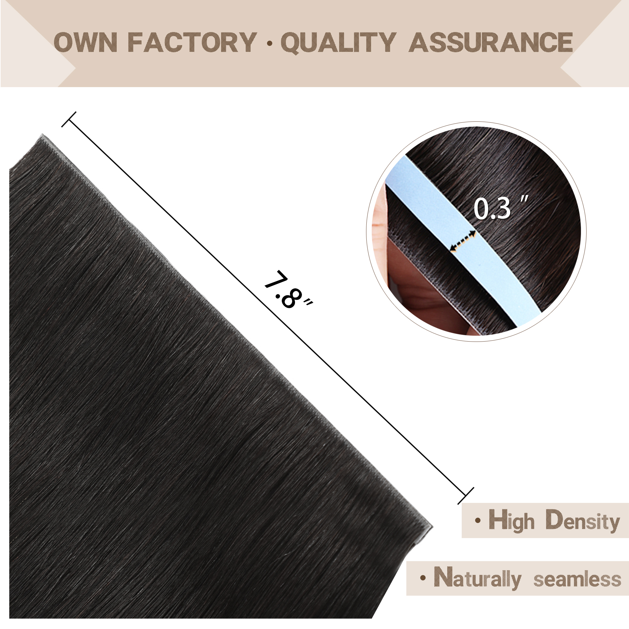 Meiverah 7.87 x 0.32 Inch Long Seamless Hand-Tied Invisible Tape-In Hair Extensions (4 Pcs) - Virgin Human Hair (#1B)