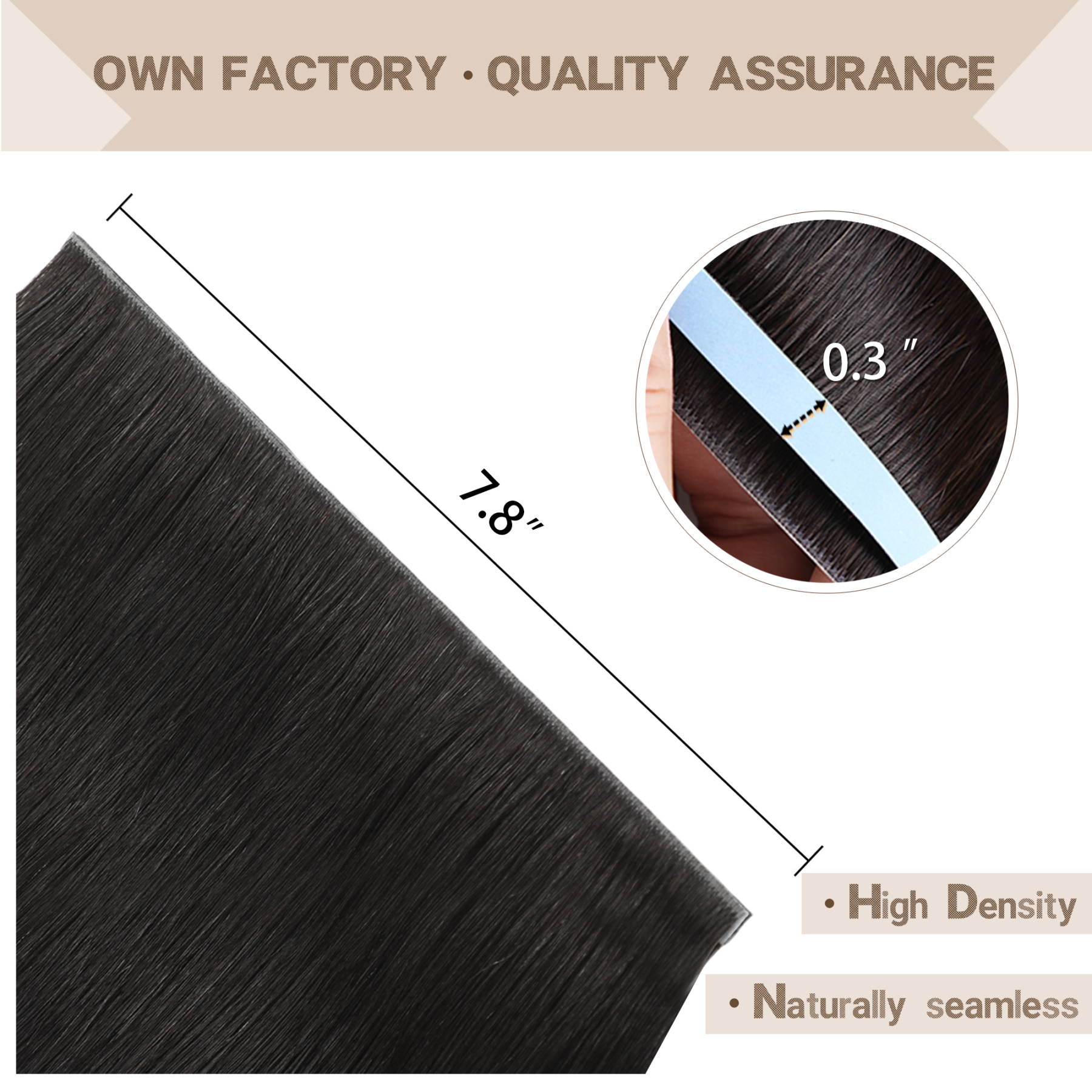 Meiverah 7.87 x 0.32 Inch Long Seamless Hand-Tied Invisible Tape-In Hair Extensions (4 Pcs) - Virgin Human Hair (#1B)