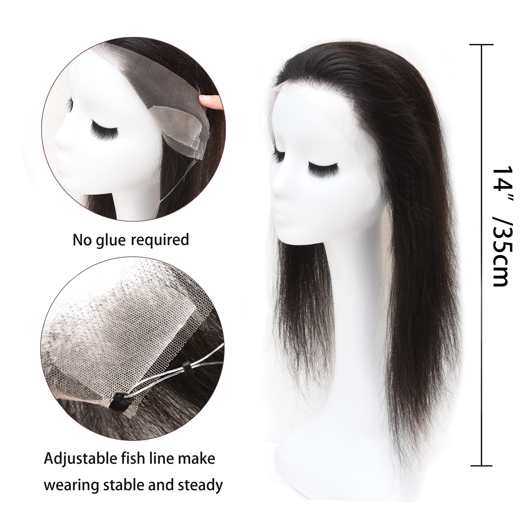 Meiverah Fish-line Hand-tied Hairline Hair Extension, Secure & Sterdy No Glue Apply (1B, Natural Black)