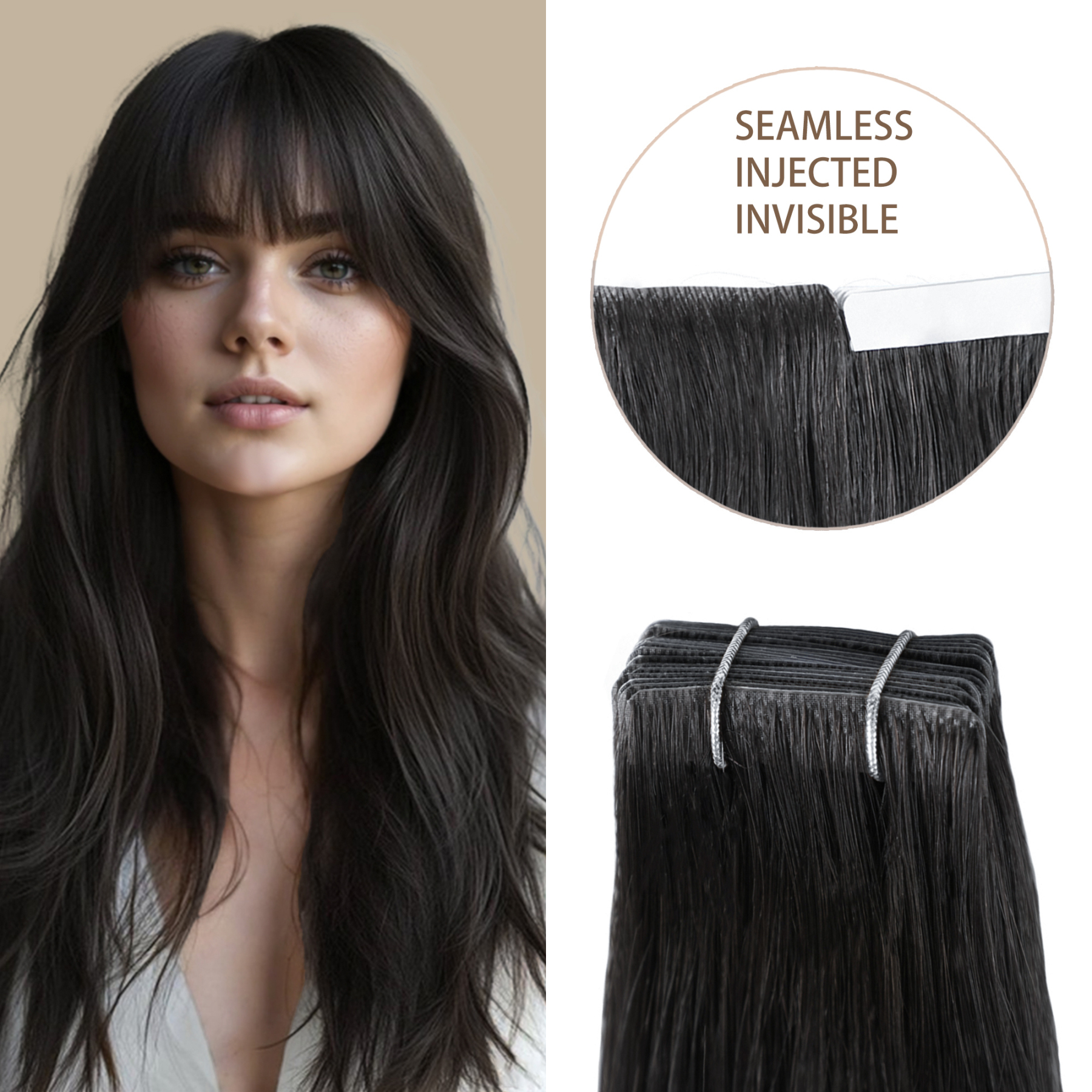 Meiverah Seamless Injected Hand-Tied Tape In Hair Extensions 20 Pcs/50 g Virgin Human Hair (#1B)