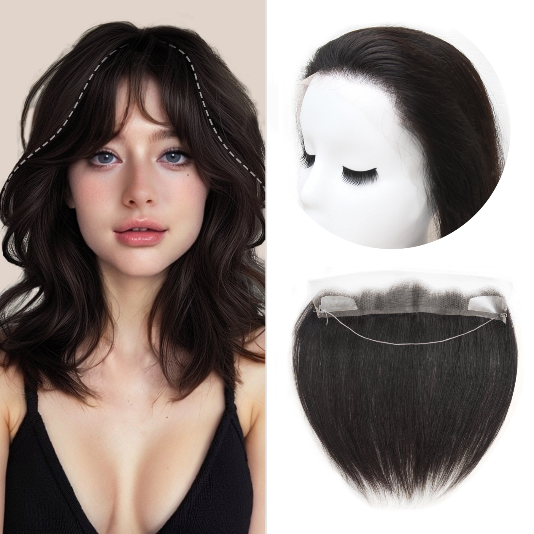 Meiverah Fish-line Hand-tied Hairline Hair Extension, Secure & Sterdy No Glue Apply (1B, Natural Black)