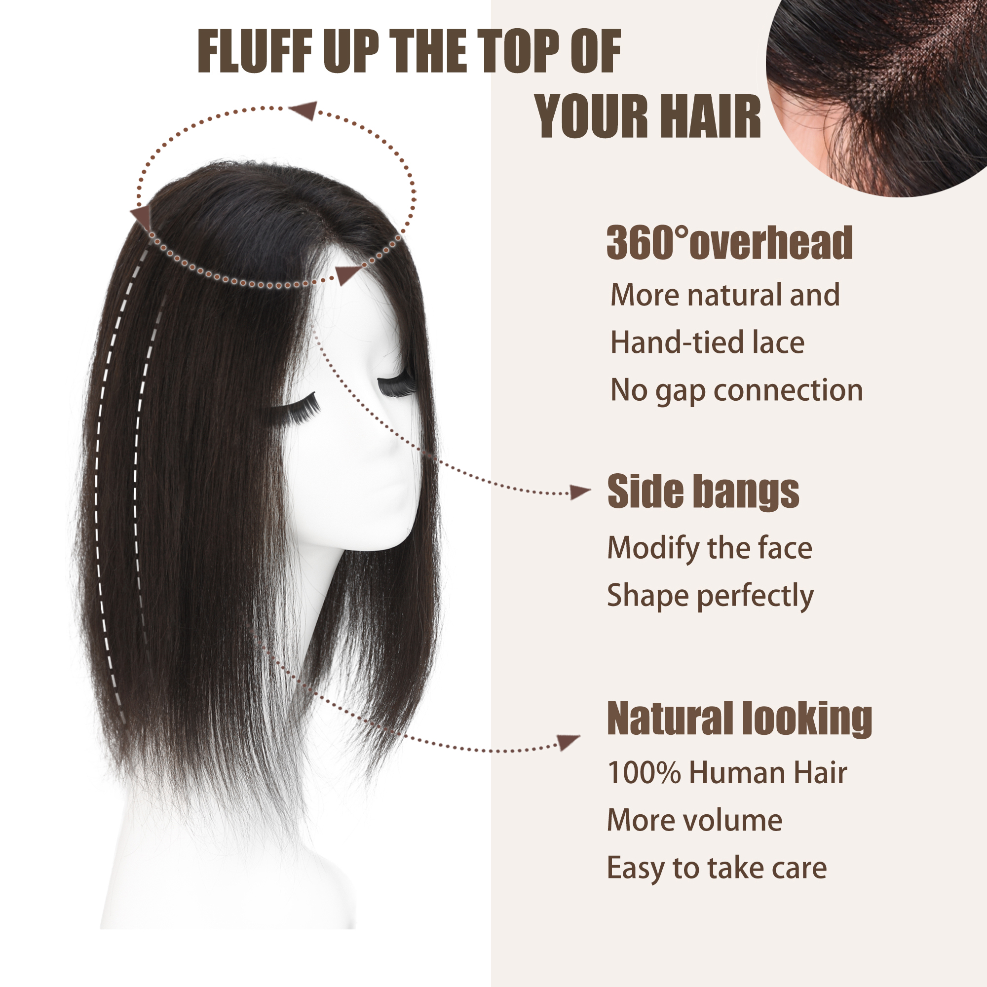 Meiverah Natural-Looking Handmade Full Hand-tied PU Mono Lace NO Bangs Clip-In Women Toupee -（1B#）