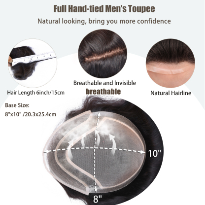 Meiverah Natural-Looking Handmade Full Hand-tied PU Mono Lace Men's Toupee -（1B#，wavy）