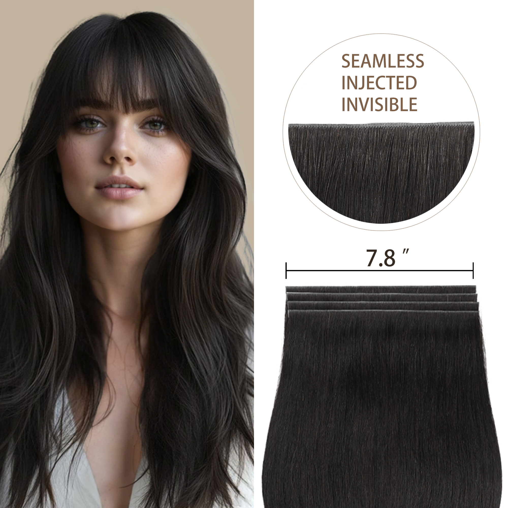 Meiverah 7.87 x 0.32 Inch Long Seamless Hand-Tied Invisible Tape-In Hair Extensions (4 Pcs) - Virgin Human Hair (#1B)